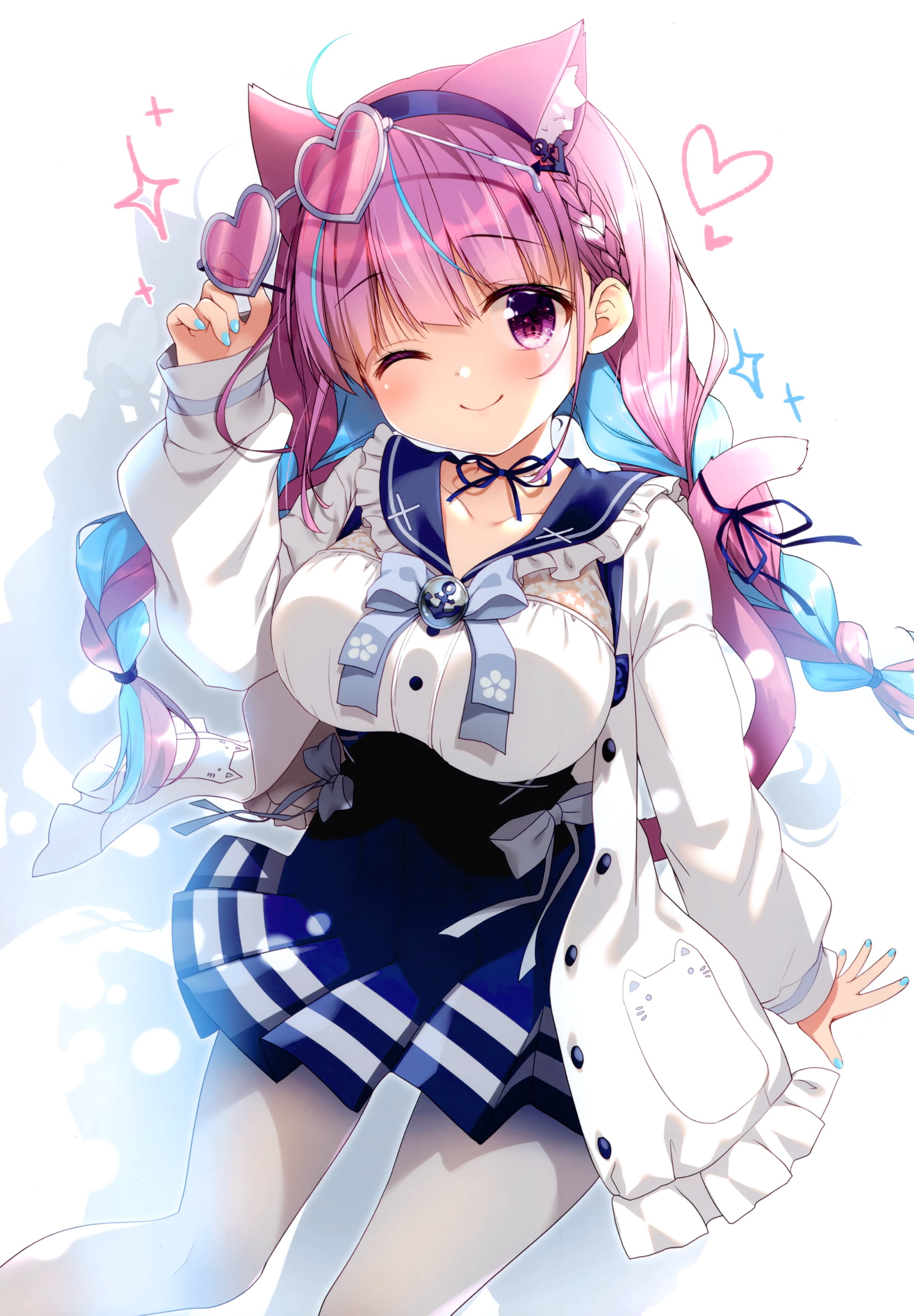 cat ears, 2K, Hololive, Minato Aqua, pink hair, pink eyes, Phone HD Wallpaper