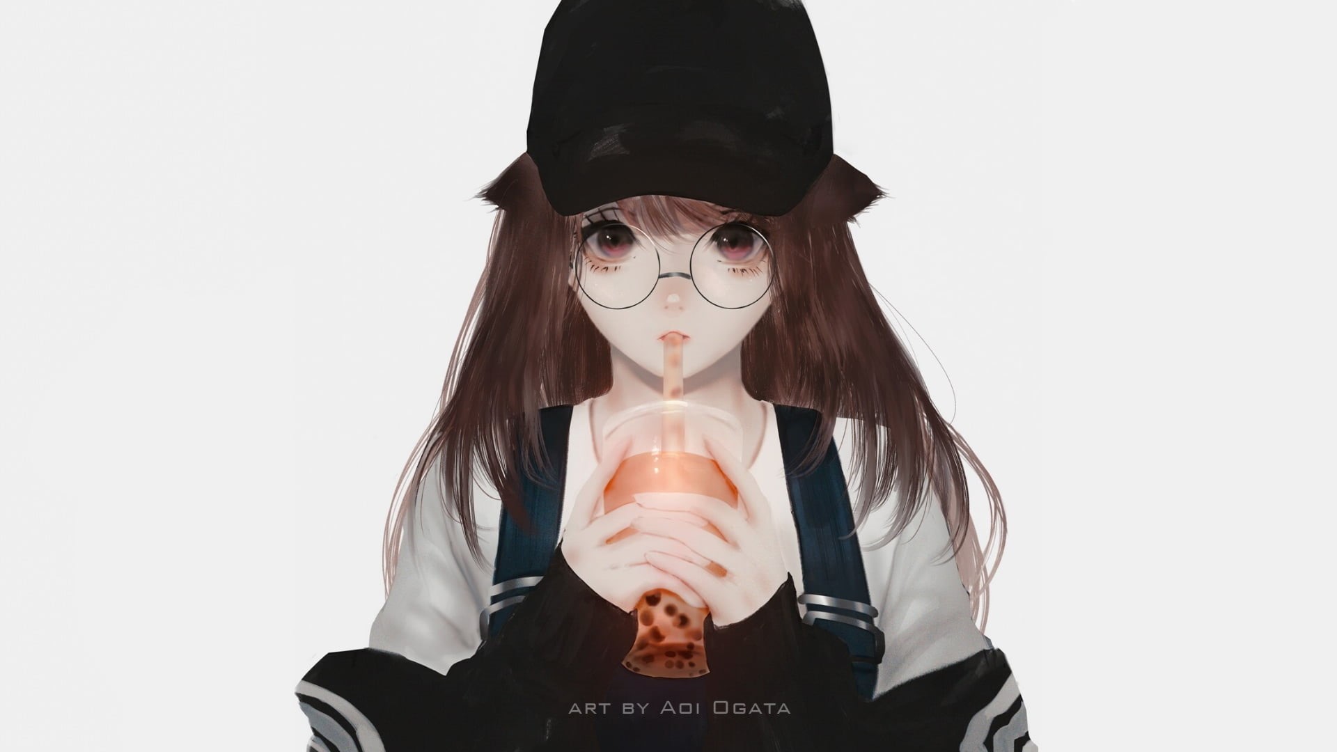 simple background, women, Aoi Ogata, minimalism, face, hat, brunette, gray background, digital art, black hat, drinking, 1080P, red eyes, women with glasses, HD Wallpaper