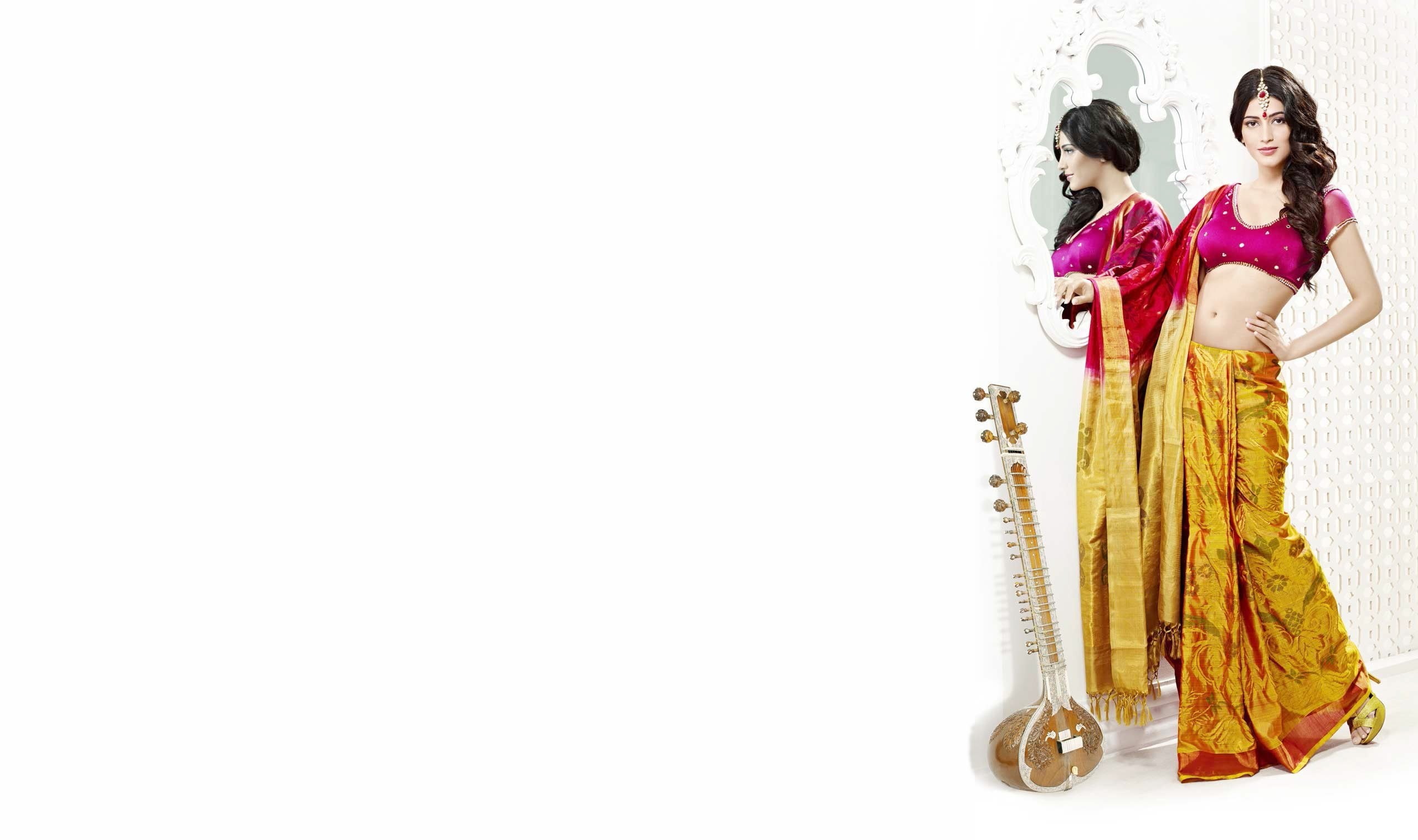 women, full length, standing, studio shot, shruti haasan, indoors, adult, females, white background, people, clothing, sari, beautiful woman, two people, HD Wallpaper