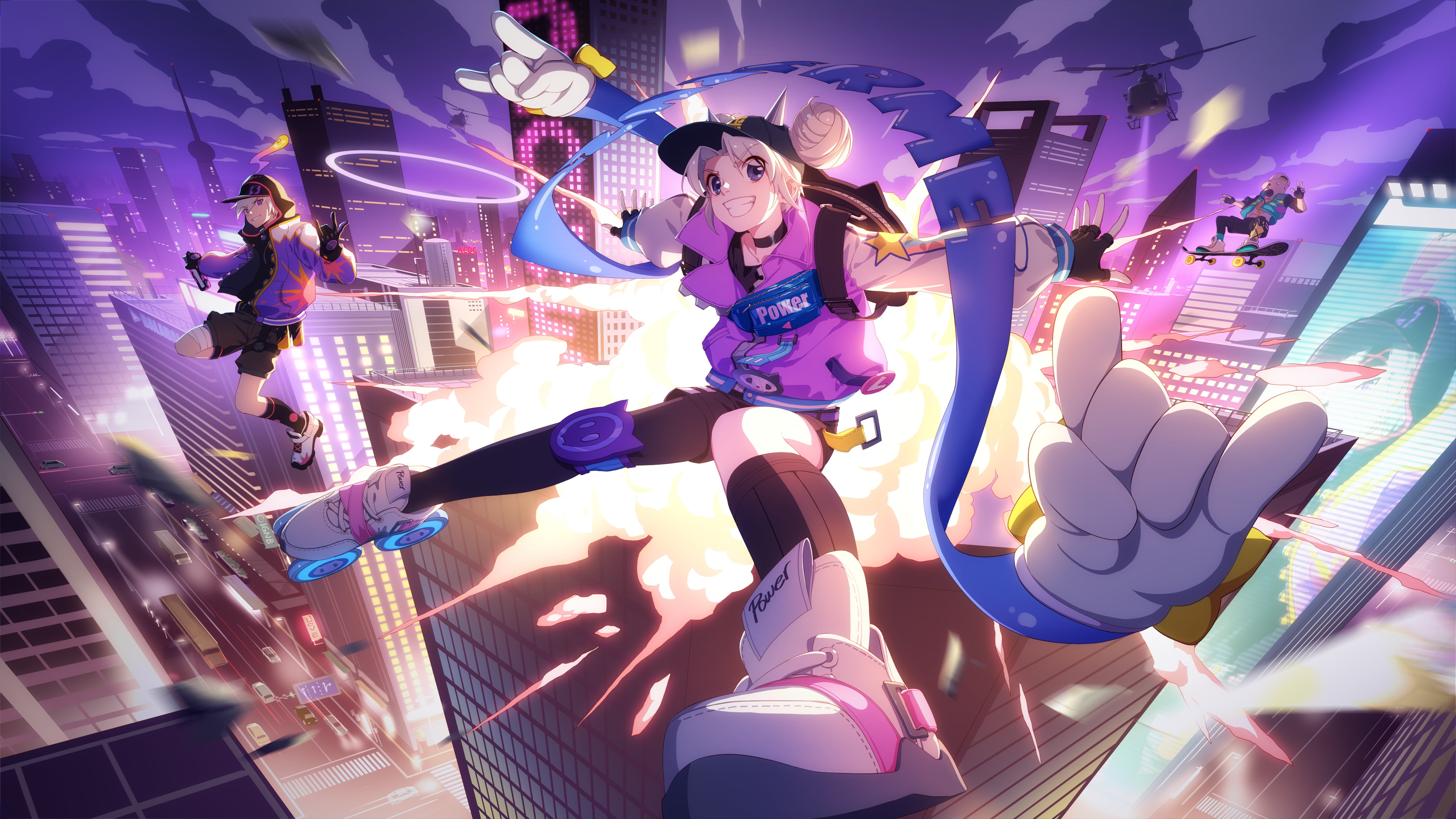 anime, explosion, baseball caps, illustration, digital art, smiling, metal horns, science fiction, sneakers, building, 5K, night, silver hair, anime boys, HD Wallpaper