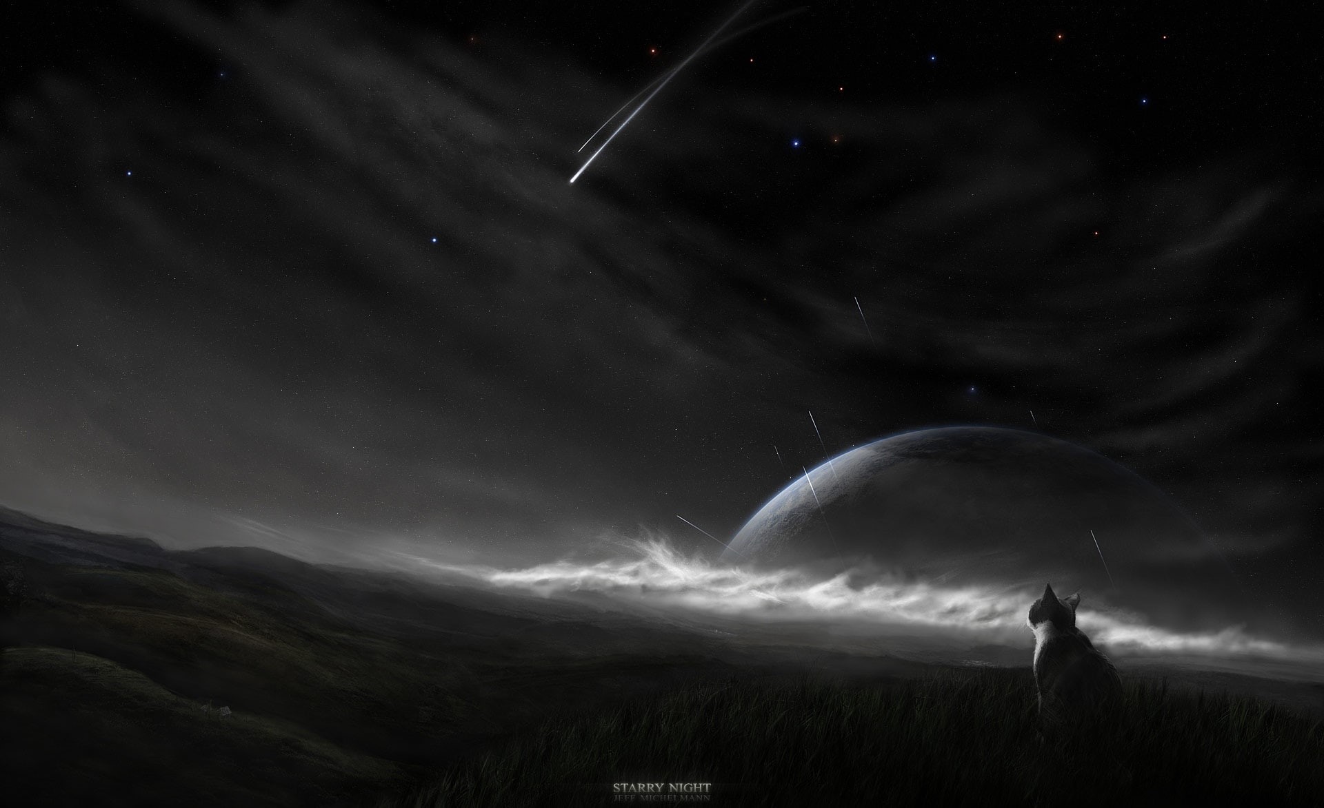 environment, storm, sign, cloud - sky, Space, scenics - nature, moonlight, star - space, Artistic, cat, spooky, 1080P, moon, Fantasy, outdoors, night, HD Wallpaper