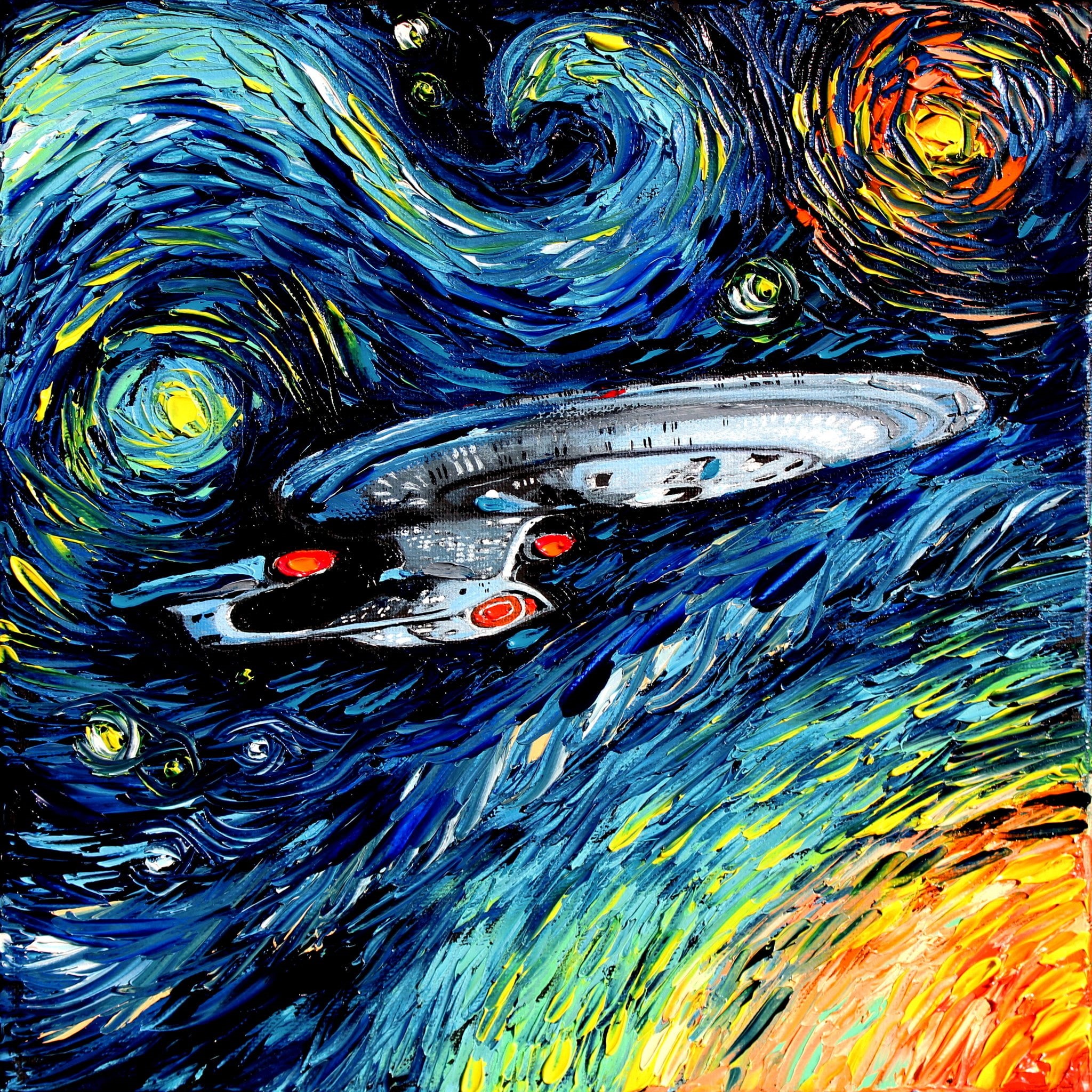 Star Trek, spaceship, tv series, starry night, traditional art, star trek: the next generation, colorful, painting, 1080P, artwork, Vincent van Gogh, the next generation, Phone HD Wallpaper