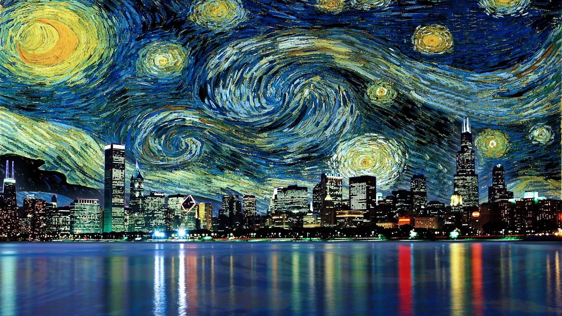 Skyscraper, The Starry Night, 1080P, Cityscape, movies, painting, Chicago, water, Vincent Van Gogh, reflection, HD Wallpaper