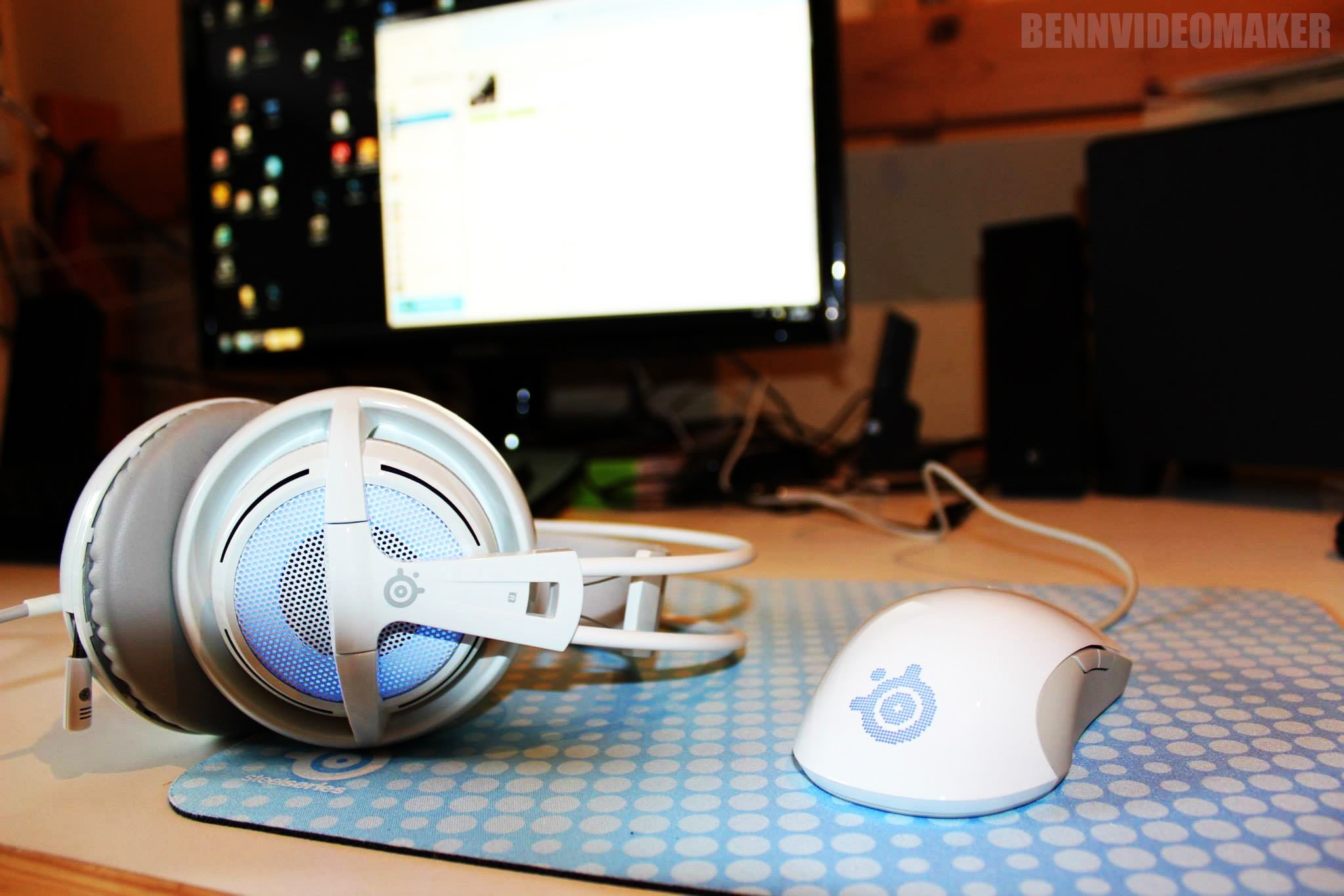 keyboard, white, blue, computer mice, table, computer keyboard, SteelSeries, headphones, flooring, computer equipment, focus on foreground, listening, wireless technology, HD Wallpaper