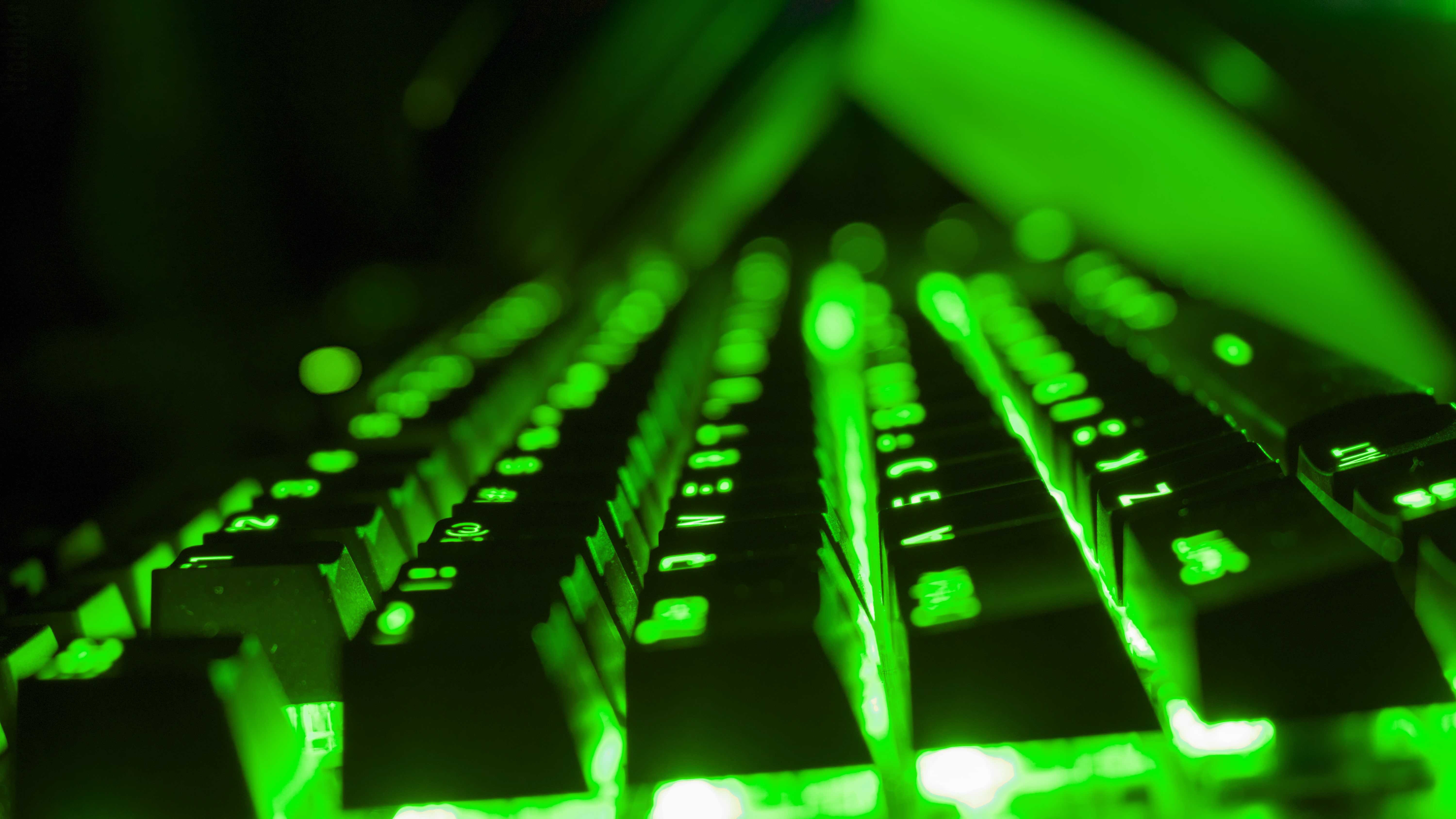 glowing, computer, green color, indoors, equipment, PC Master Race, headphones, lighting equipment, Keyboards, 5K, close-up, communication, wireless technology, HD Wallpaper