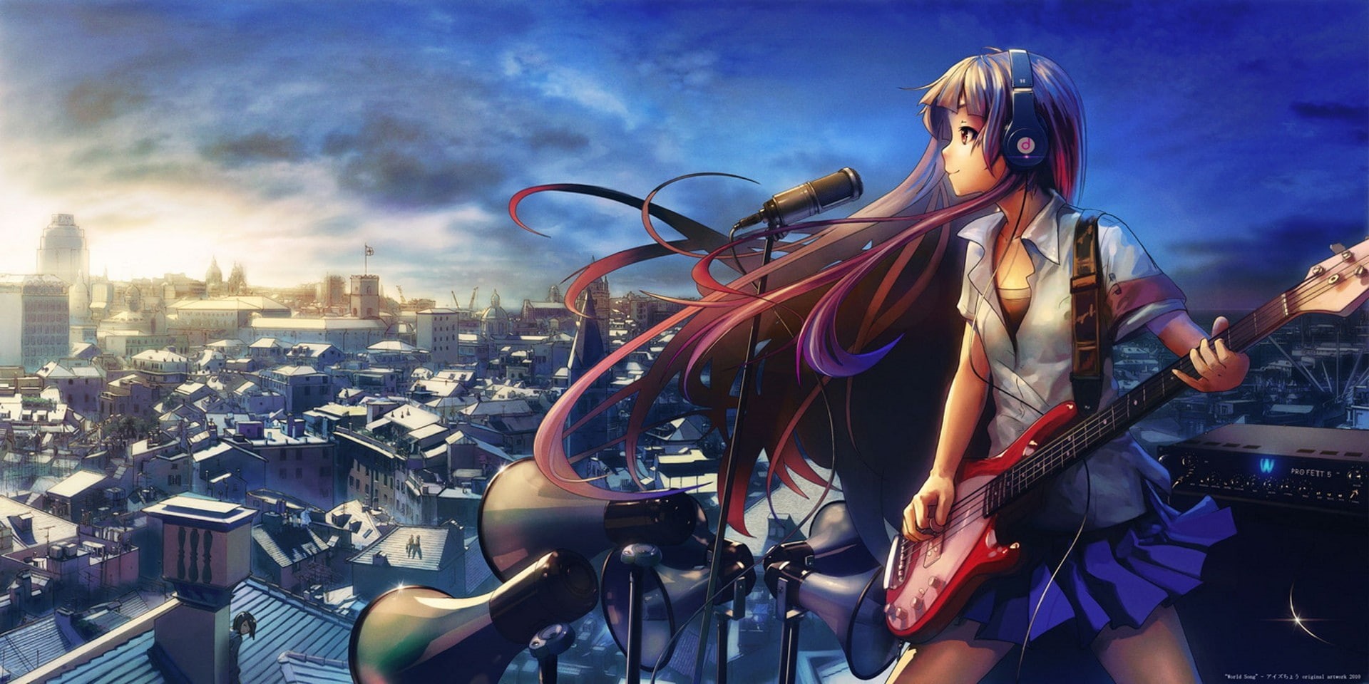 music, anime girls, headphones, guitar, 1080P, anime, girls, HD Wallpaper