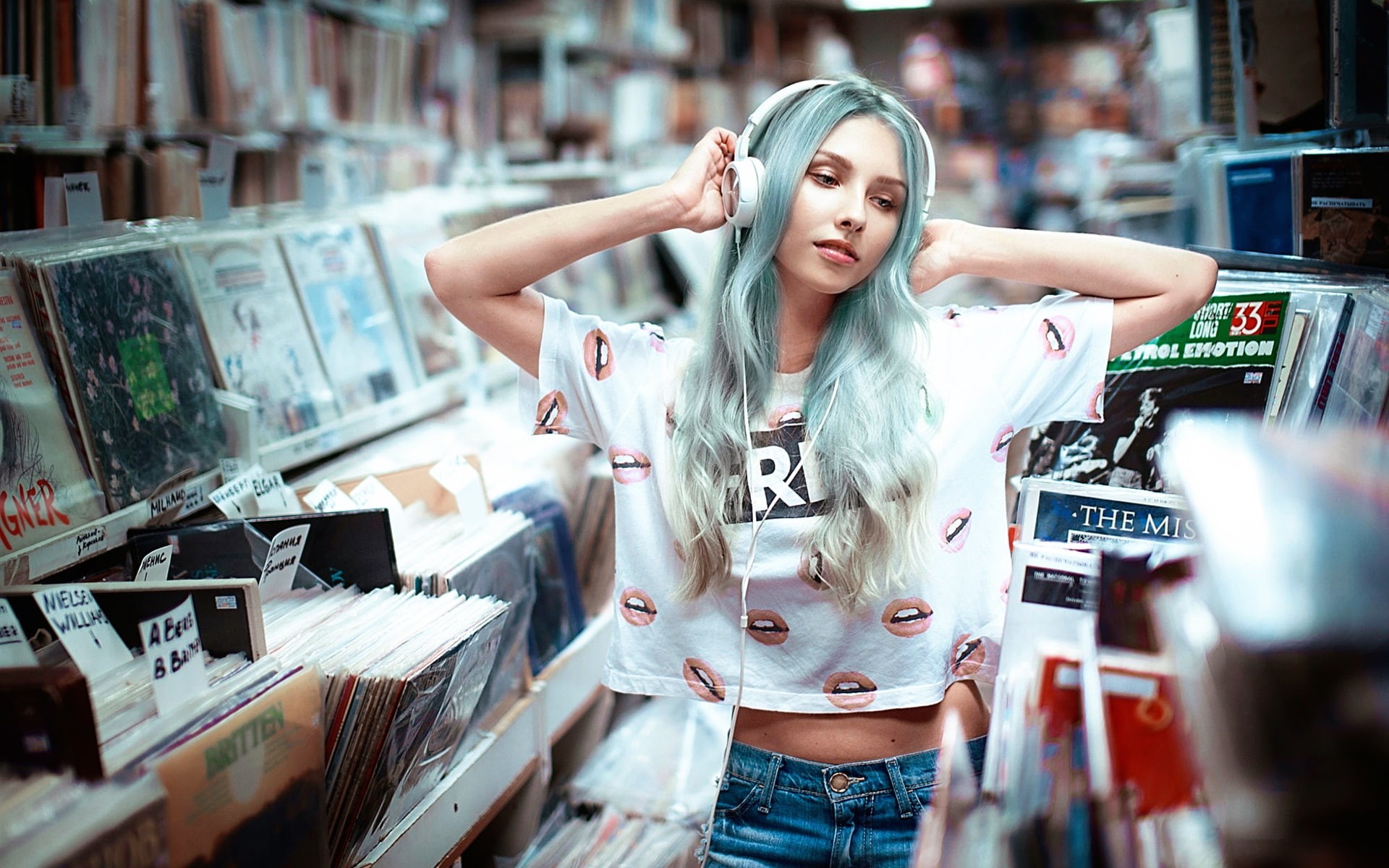 Girl, 1080P, Hair, Blue, Headphones, Music, HD Wallpaper