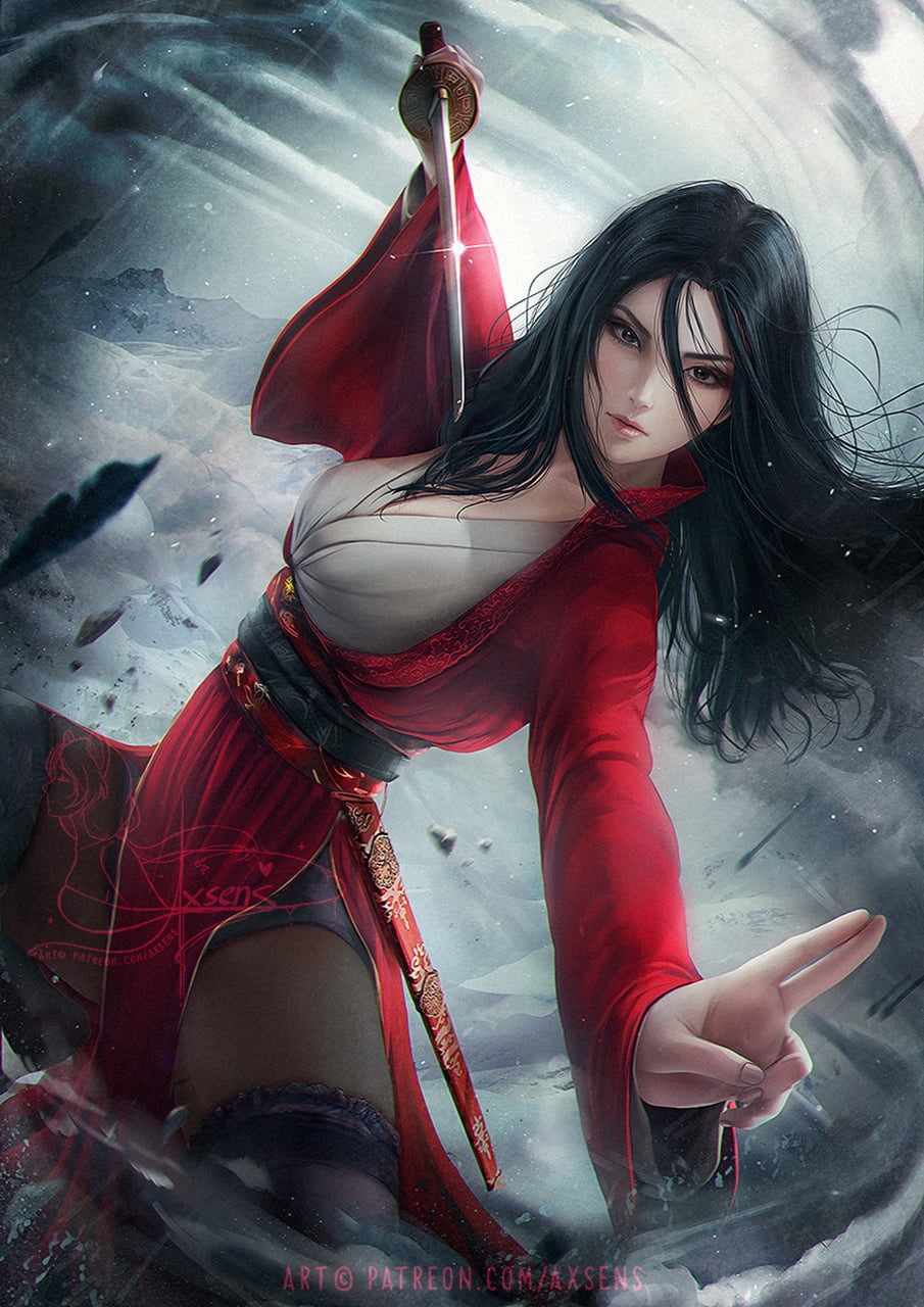 sword, robes, Mulan, drawing, dark hair, 720P, wind, fighting, axsens, red clothing, long hair, weapon, women, Phone HD Wallpaper