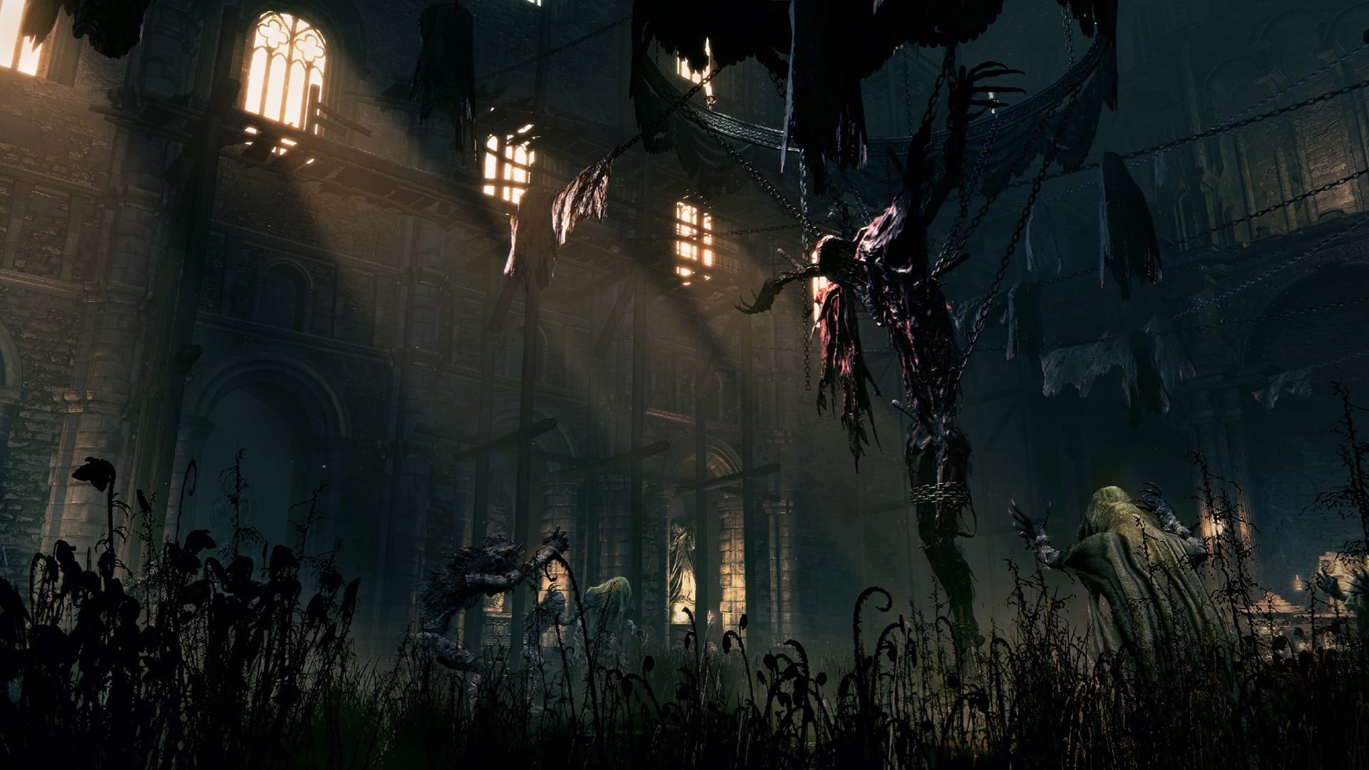 dead, robe, building exterior, plant, Bloodborne, front, religion, place of worship, night, built structure, tree, decoration, creature, person, HD Wallpaper