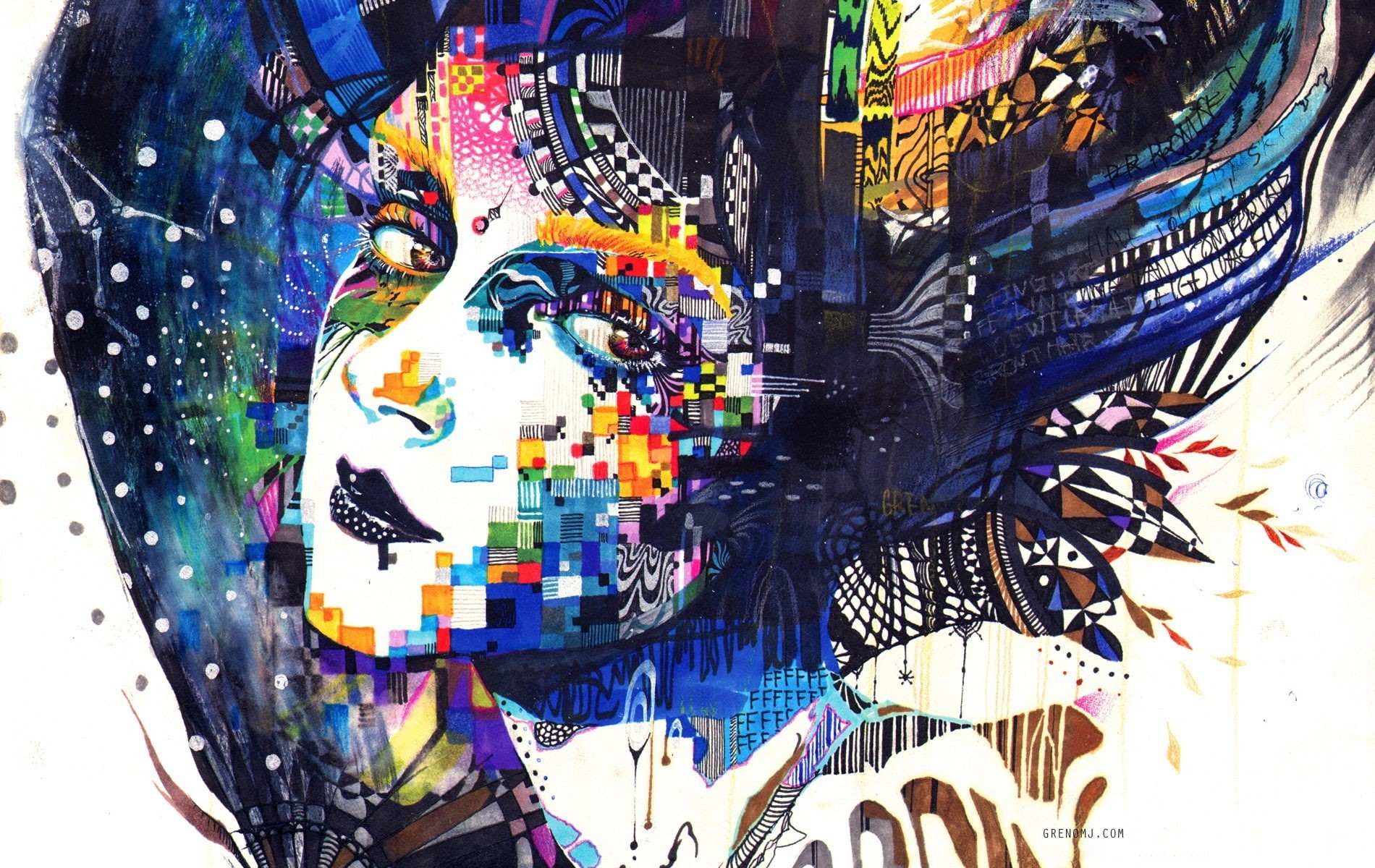 women, painting, Colorful, mosaic, face, 720P, artwork, Surreal, Minjae Lee, HD Wallpaper