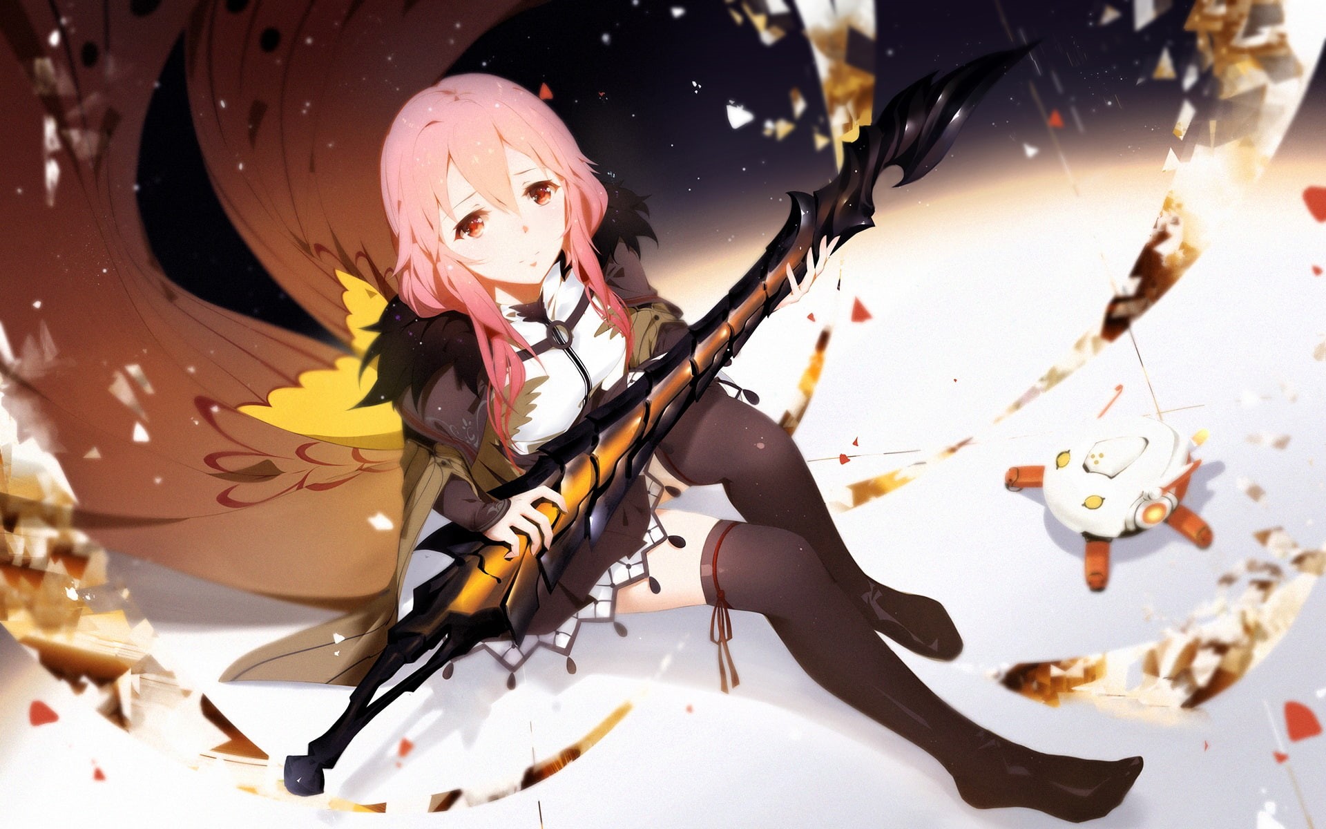 sword, short skirt, looking up, sitting, red eyes, skirt, pink hair, anime, anime girls, Guilty Crown, leggings, Inori Yuzuriha, shattered, 1080P, HD Wallpaper