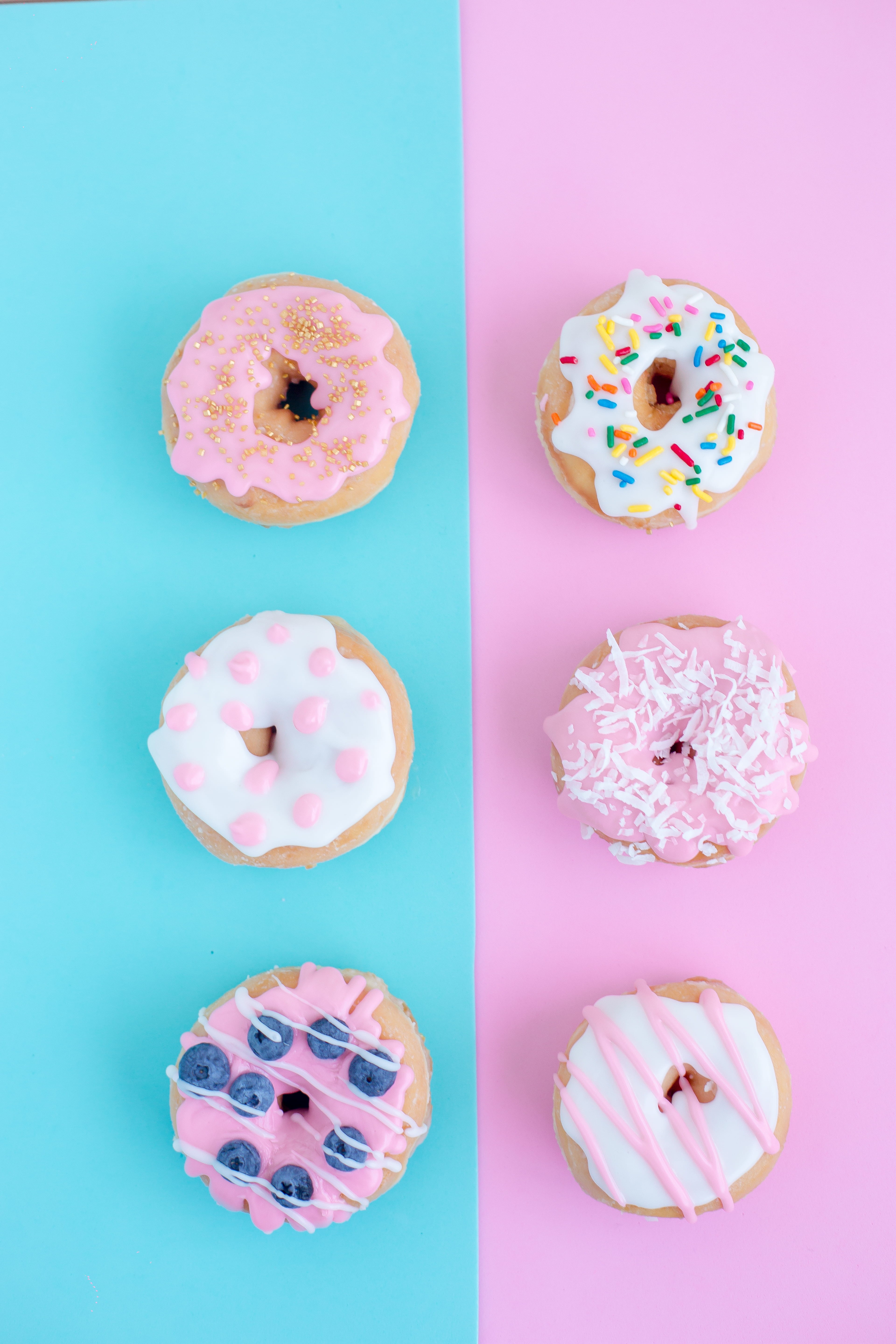 sweet, indulgence, pink color, 5K, blue background, dessert, unhealthy eating, indoors, colored background, doughnuts, doughnut, six, sweet food, food and drink, Phone HD Wallpaper