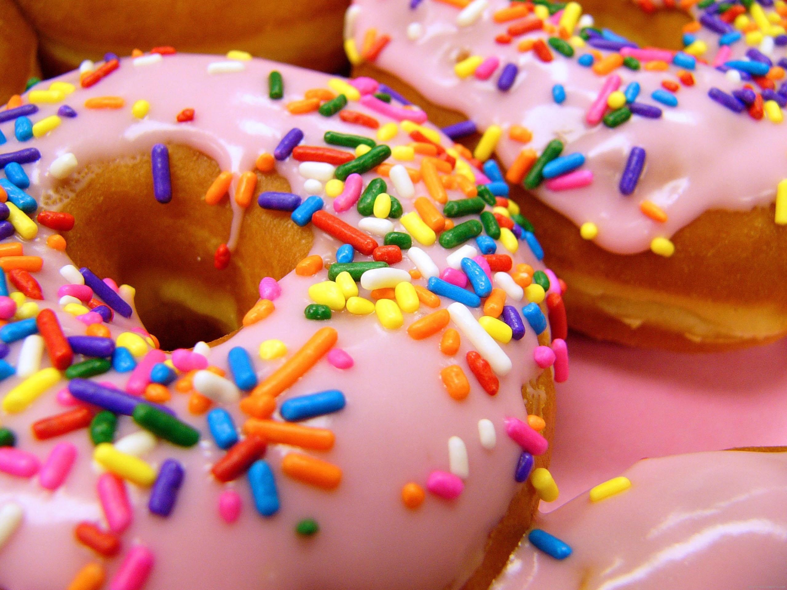 donuts, cream, sweet, donut, pink, sprinkle, food, 2K, top, HD Wallpaper