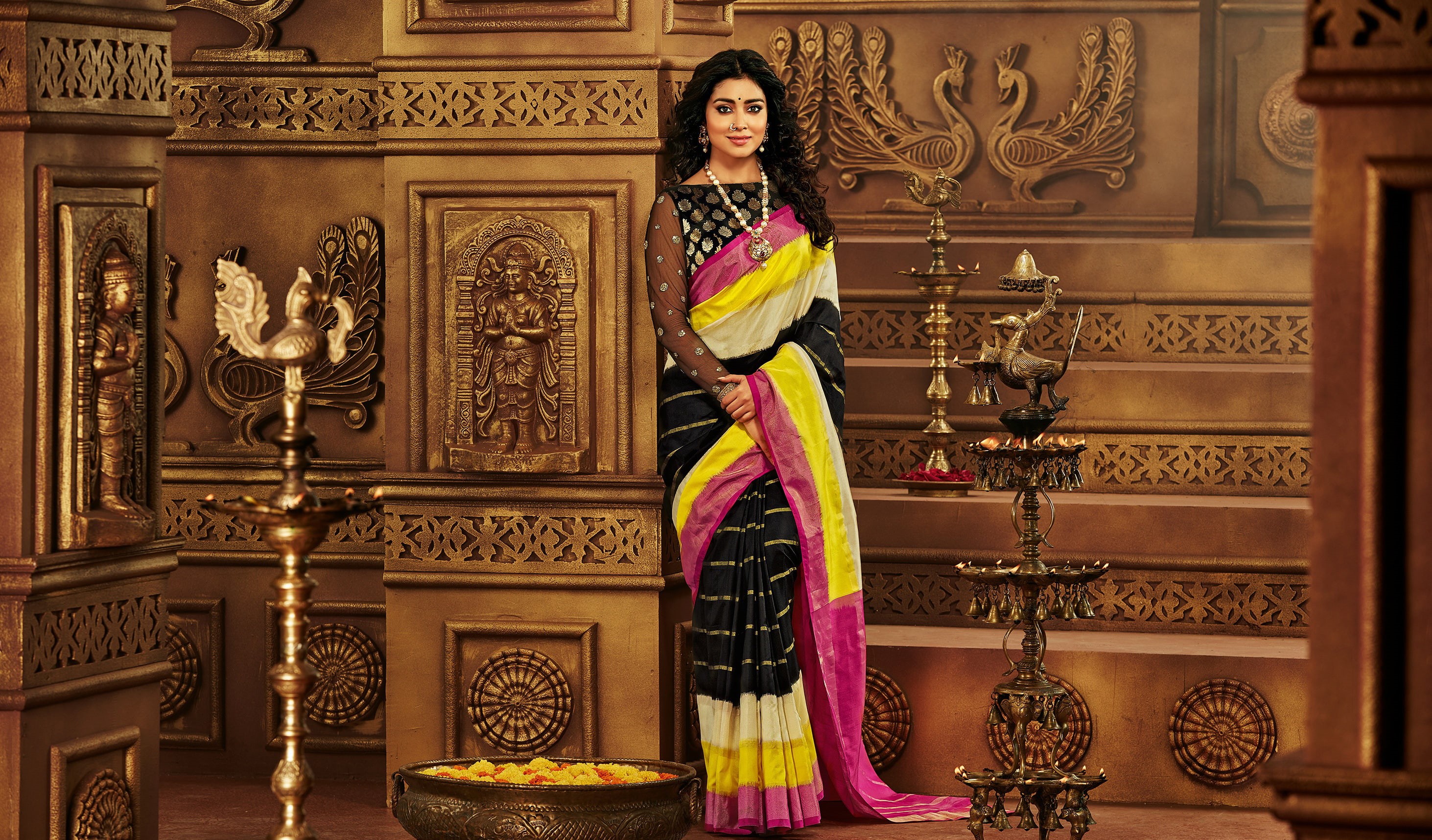 Saree, portrait, ornate, one person, 2K, Ethnic wear, standing, clothing, young adult, adult, beautiful woman, full length, Actress, women, looking at camera, HD Wallpaper