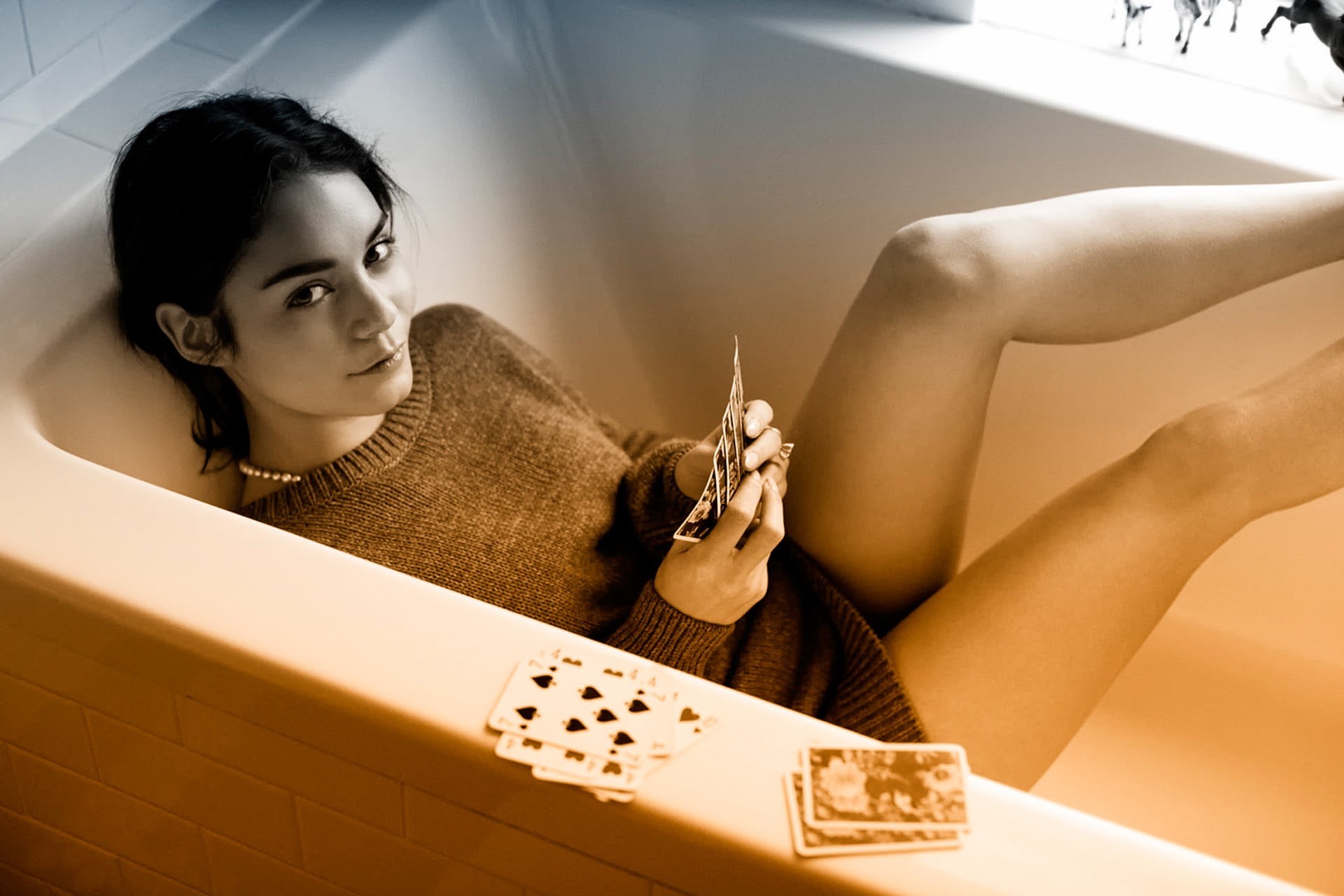 human body part, playing cards, leisure activity, lifestyles, indoors, 1080P, Vanessa Hudgens, adult, gradient, beauty, young adult, sweater, fashion, HD Wallpaper