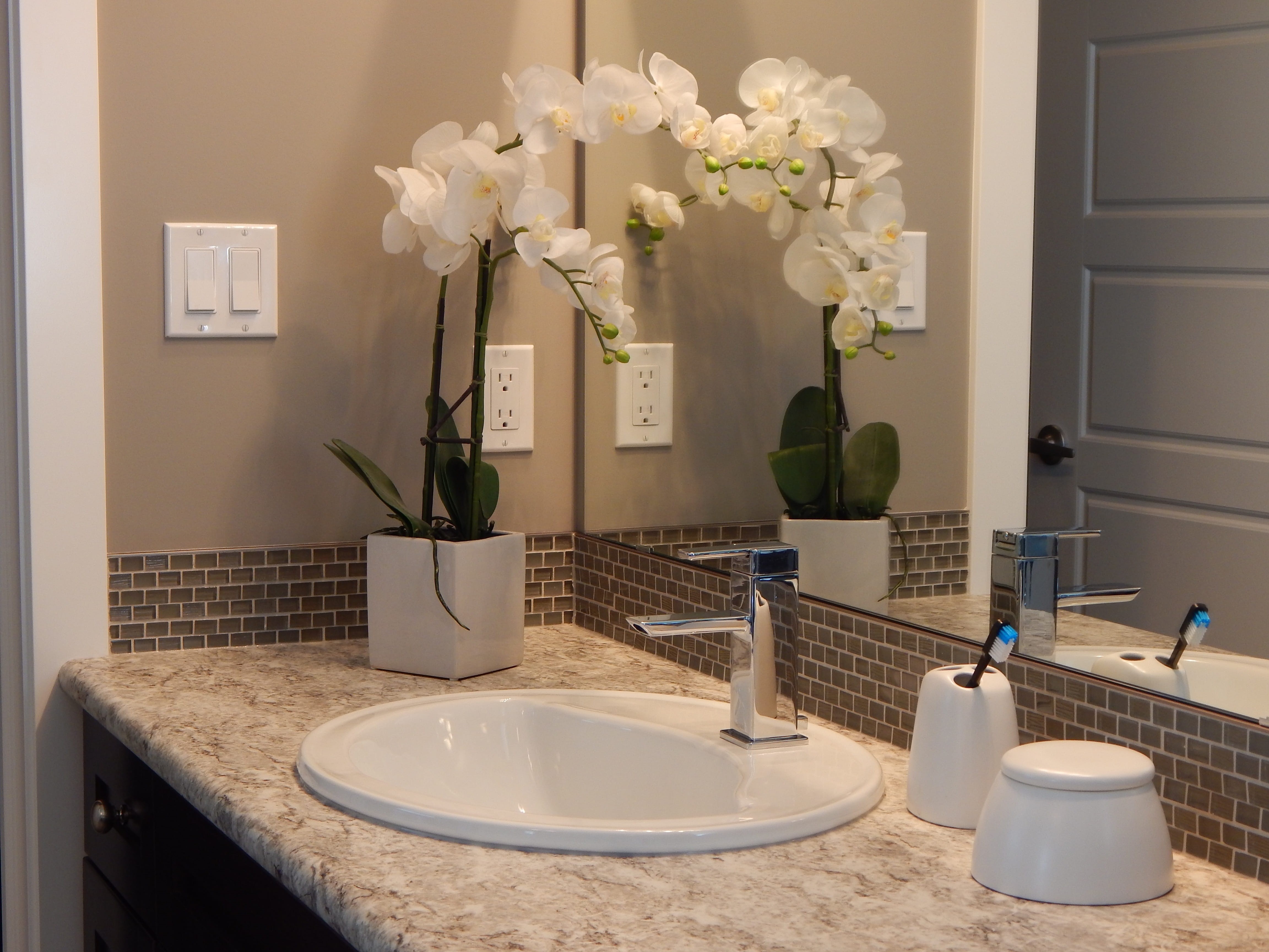 white color, potted plant, mirror, luxury, home, home interior, orchids, interior, faucet, flower, counter, indoors, white, near, 4K, nature, household equipment, HD Wallpaper