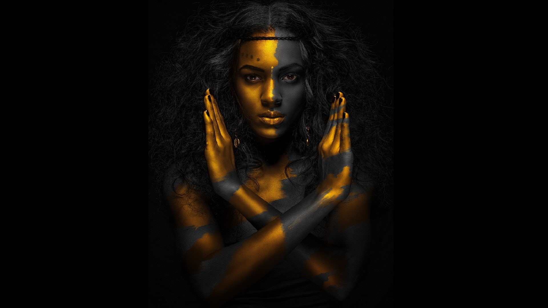 faraon, black, woman, gold, 1080P, magic, egipt, bodypaint, HD Wallpaper