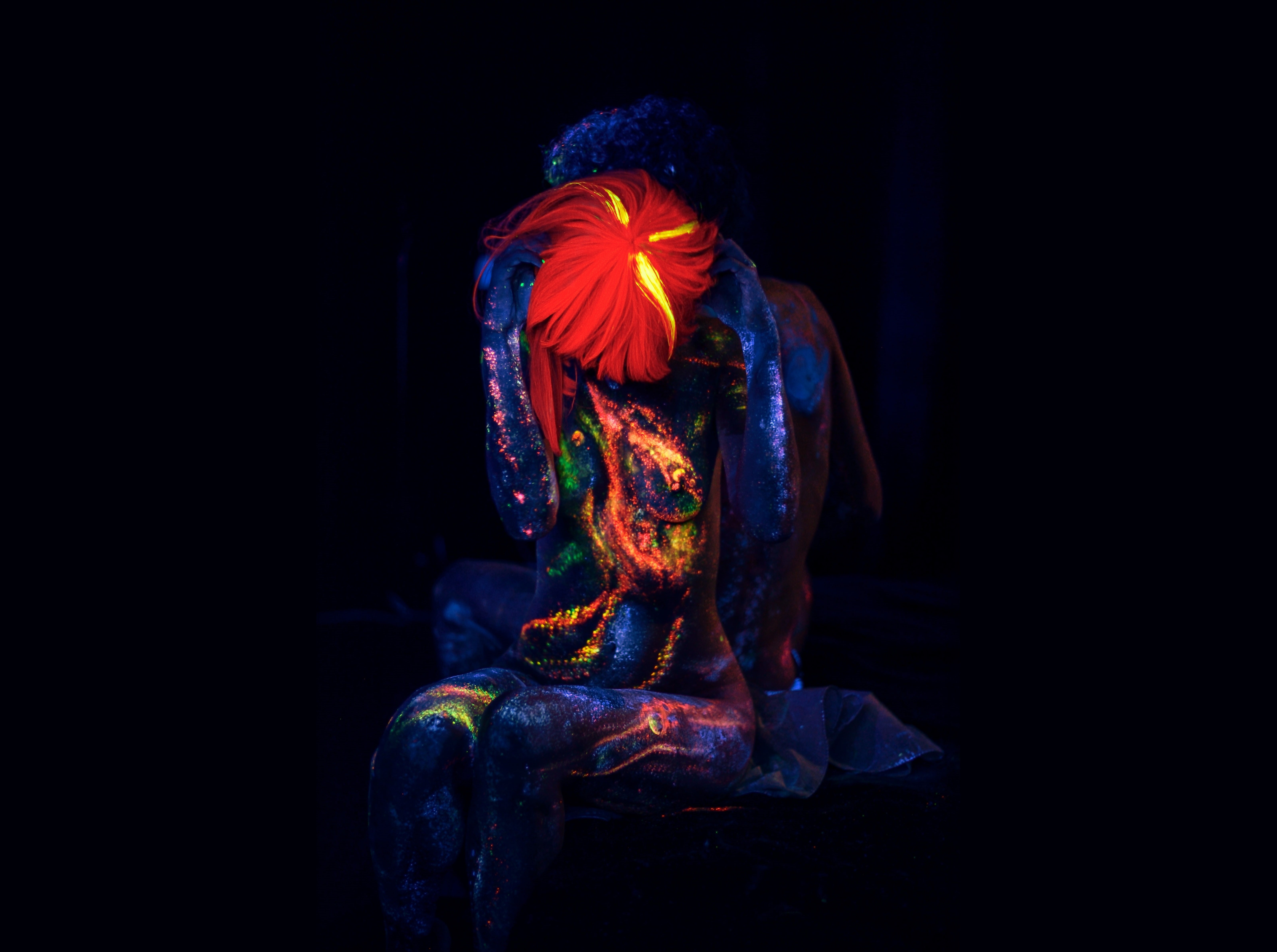 celebration, multi colored, representation, Dark, creativity, Movie, lighting equipment, looking, virtuoso, close-up, bodypainting, illuminated, Artwork, HD Wallpaper