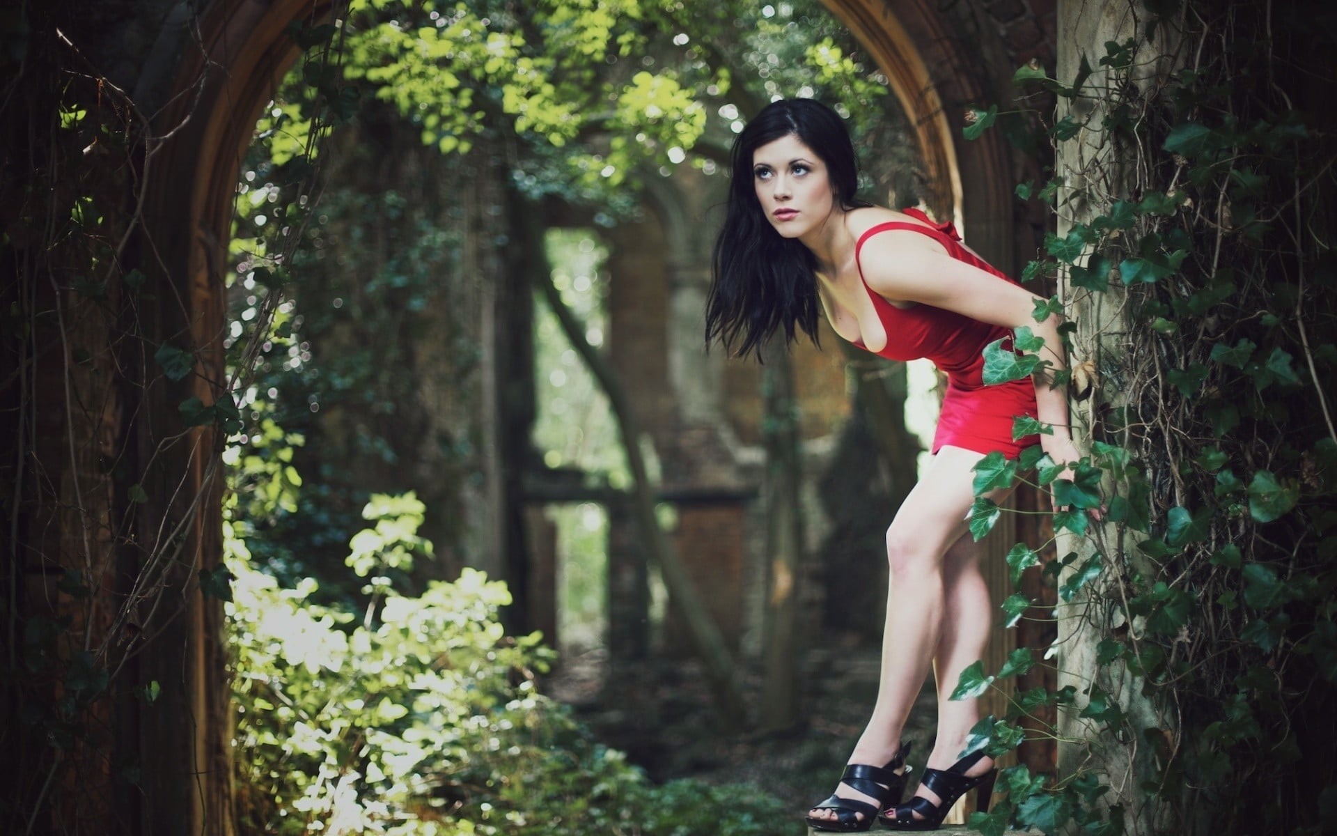 looking away, beauty, plant, bodycon, leisure activity, sleeveless, portrait, one person, casual clothing, beautiful woman, women outdoors, red dress, real people, HD Wallpaper