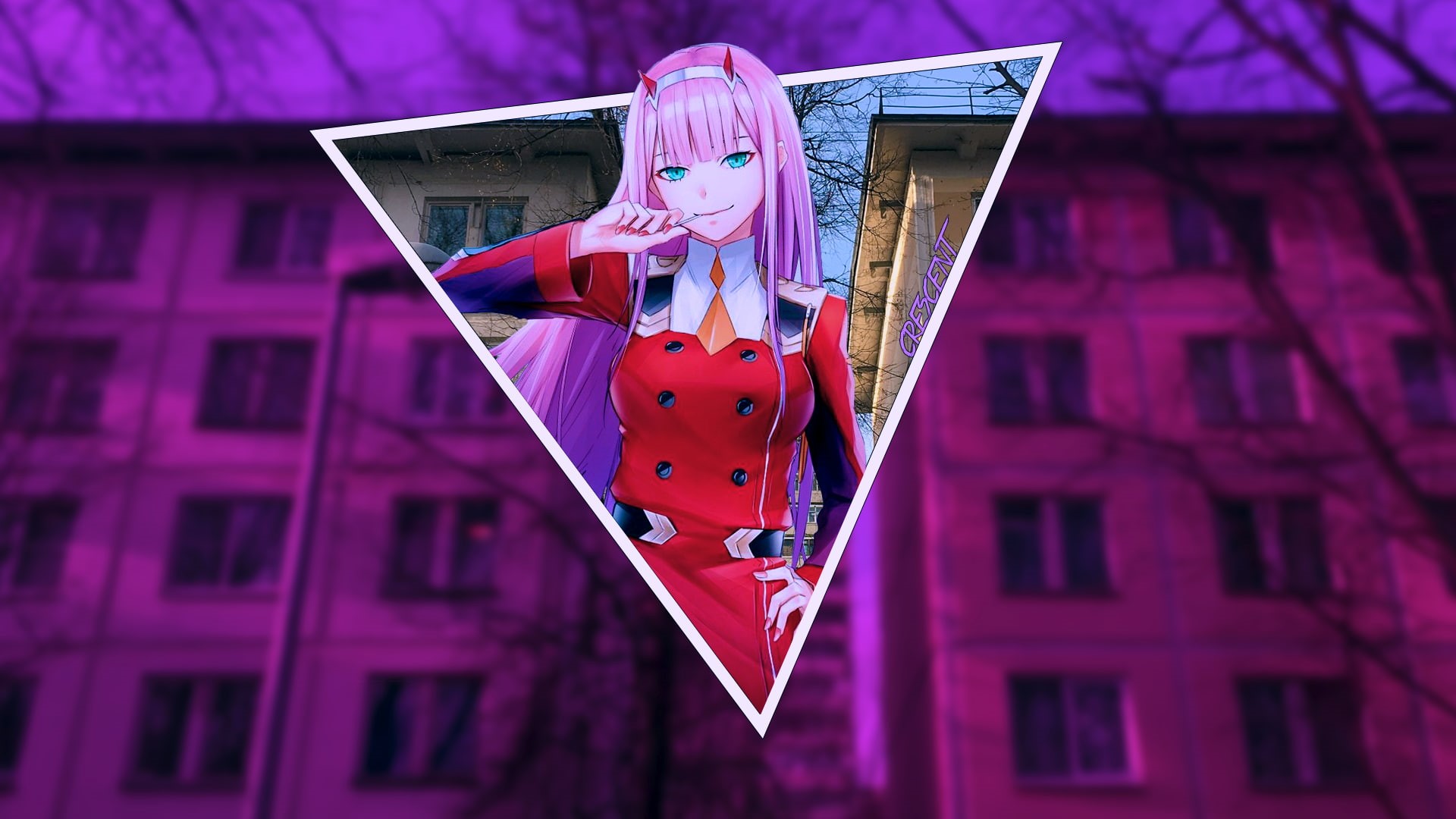 low angle view, no people, 1080P, window, day, anime girls, outdoors, Darling in the FranXX, anime, building, art and craft, pink hair, representation, HD Wallpaper