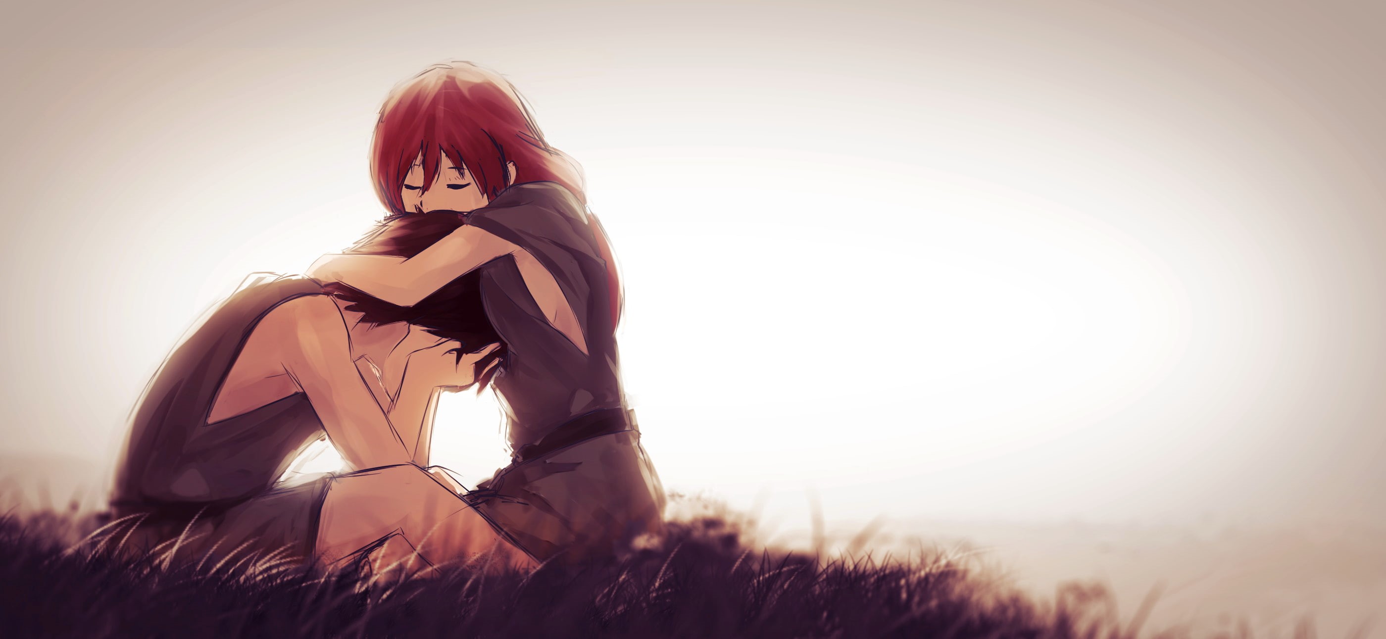 hair, Yume (character), grass, hairstyle, portrait, lifestyles, young women, land, women, 2K, Hai to Gensou no Grimgar, sitting, contemplation, Haruhiro (Hai to Gensou no Grimgar), HD Wallpaper