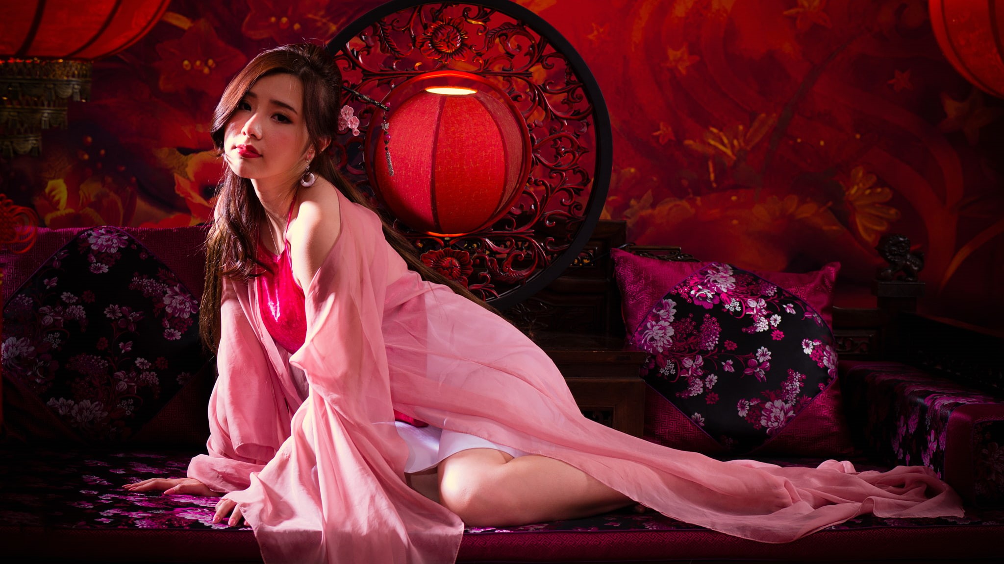 shawl, red, Chinese, Asian, 1080P, girl, background, lantern, color, HD Wallpaper