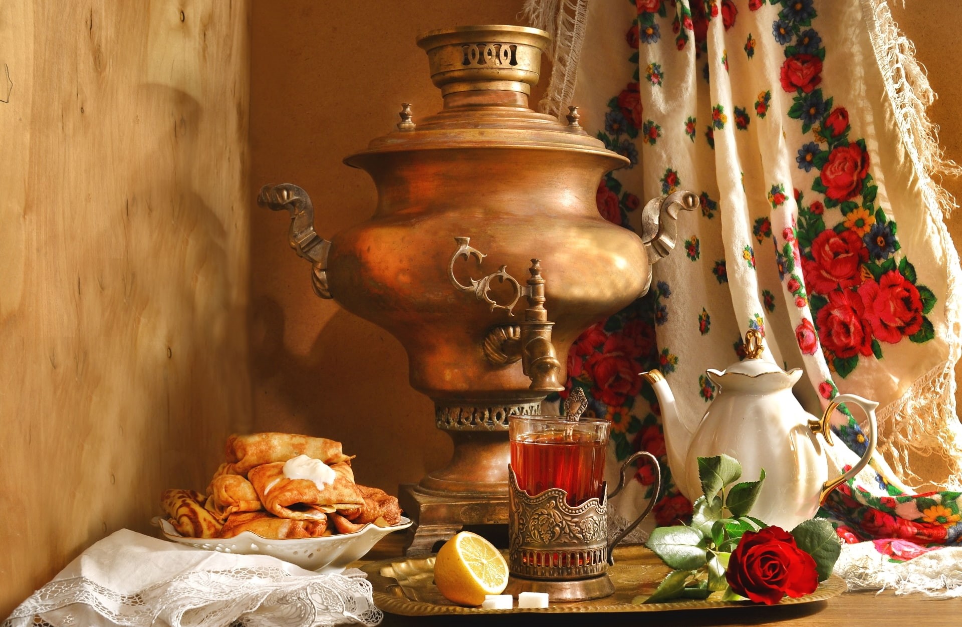 kettle, colored, samovar, Carnival, shawl, pancakes, lemon, rose, brass, dispenser, 1080P, still life, tea, ethno, HD Wallpaper