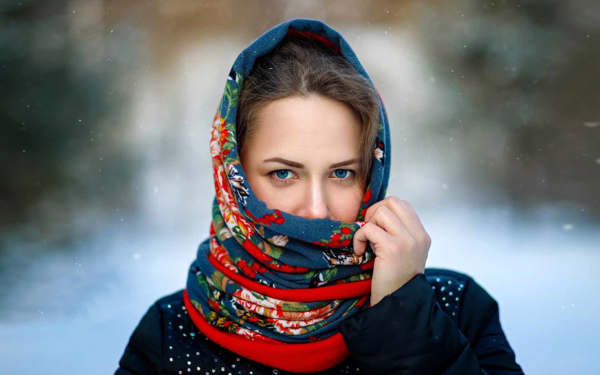 photographer Sergey Sergeev, sponge, shawl, Xenia, 1080P, blue-eyed, portrait, HD Wallpaper