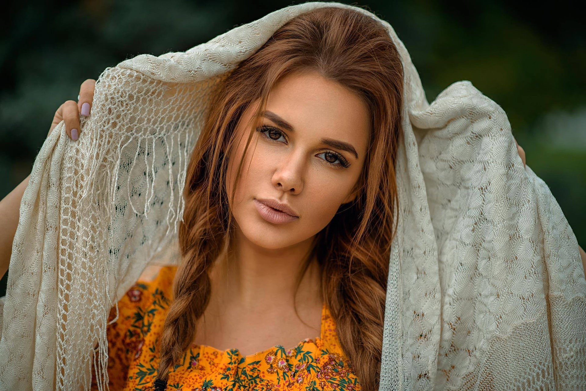 face, shawl, braids, 1080P, Ksenia Turlava, look, HD Wallpaper