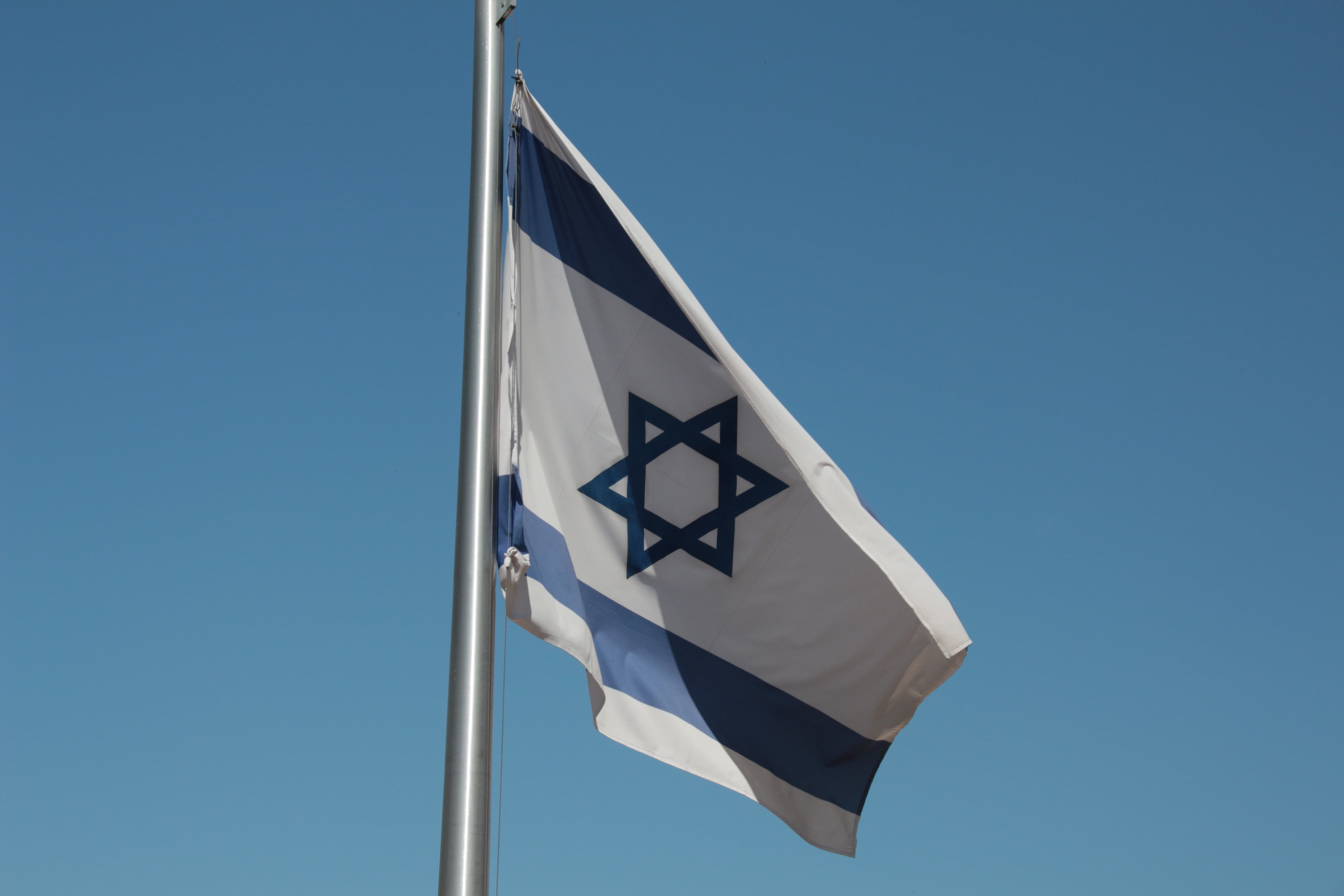 shape, wind, environment, low angle view, prayer shawl, outdoors, star of david, transportation, blue, israel, clear sky, communication, pole, nature, patriot, HD Wallpaper
