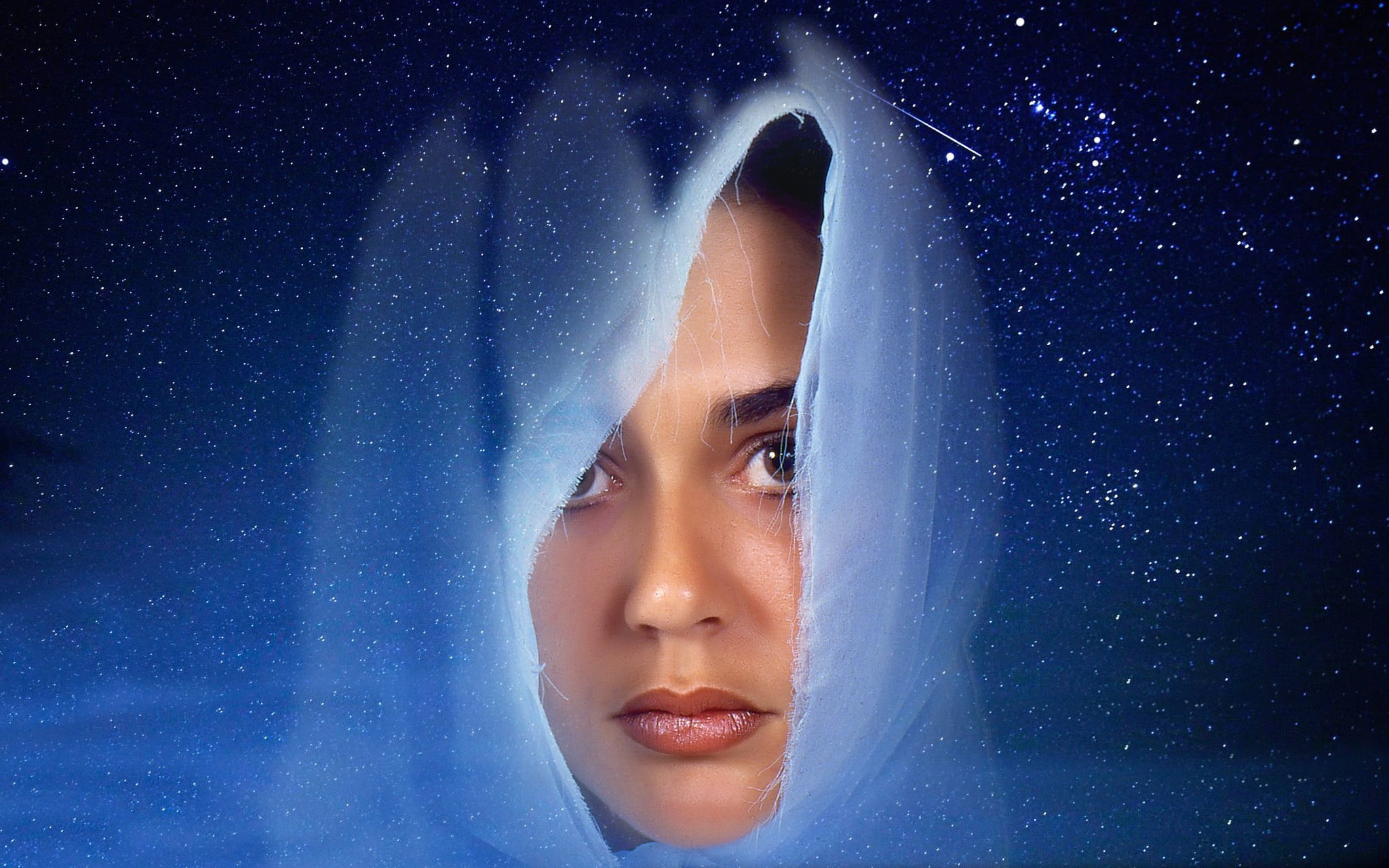 women, girls, human face, face, digital composite, headshot, one person, hijab, shawl, white, look, the universe, blue, adult, real people, blue background, HD Wallpaper