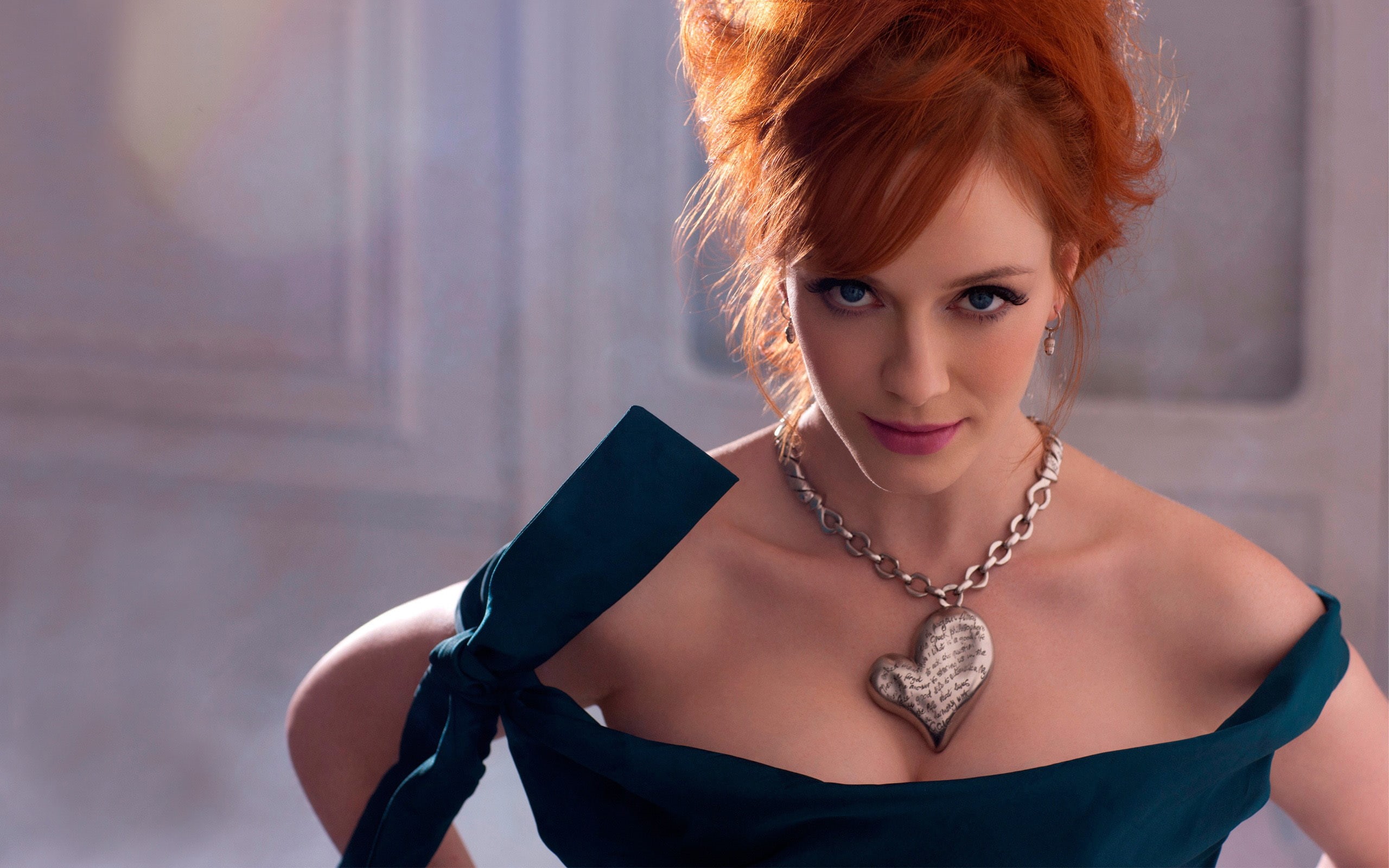 sexuality, look, necklace, red, elegance, eyes, 2K, face, Christina Hendricks, blue, actress, HD Wallpaper