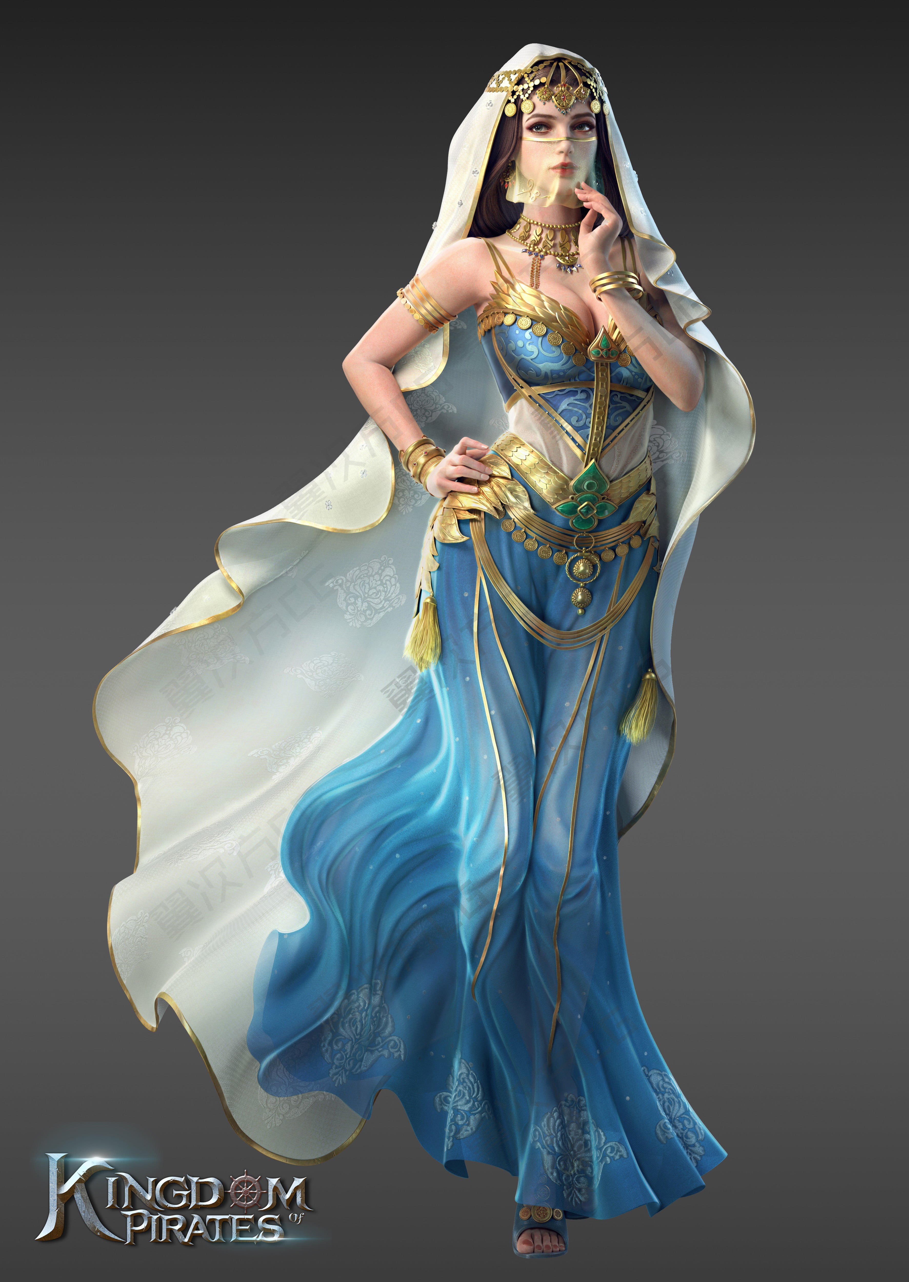 makeup, glamour, gold, Cifangyi, 4K, blue clothing, dress, women, video game art, veils, CGI, shawl, Phone HD Wallpaper