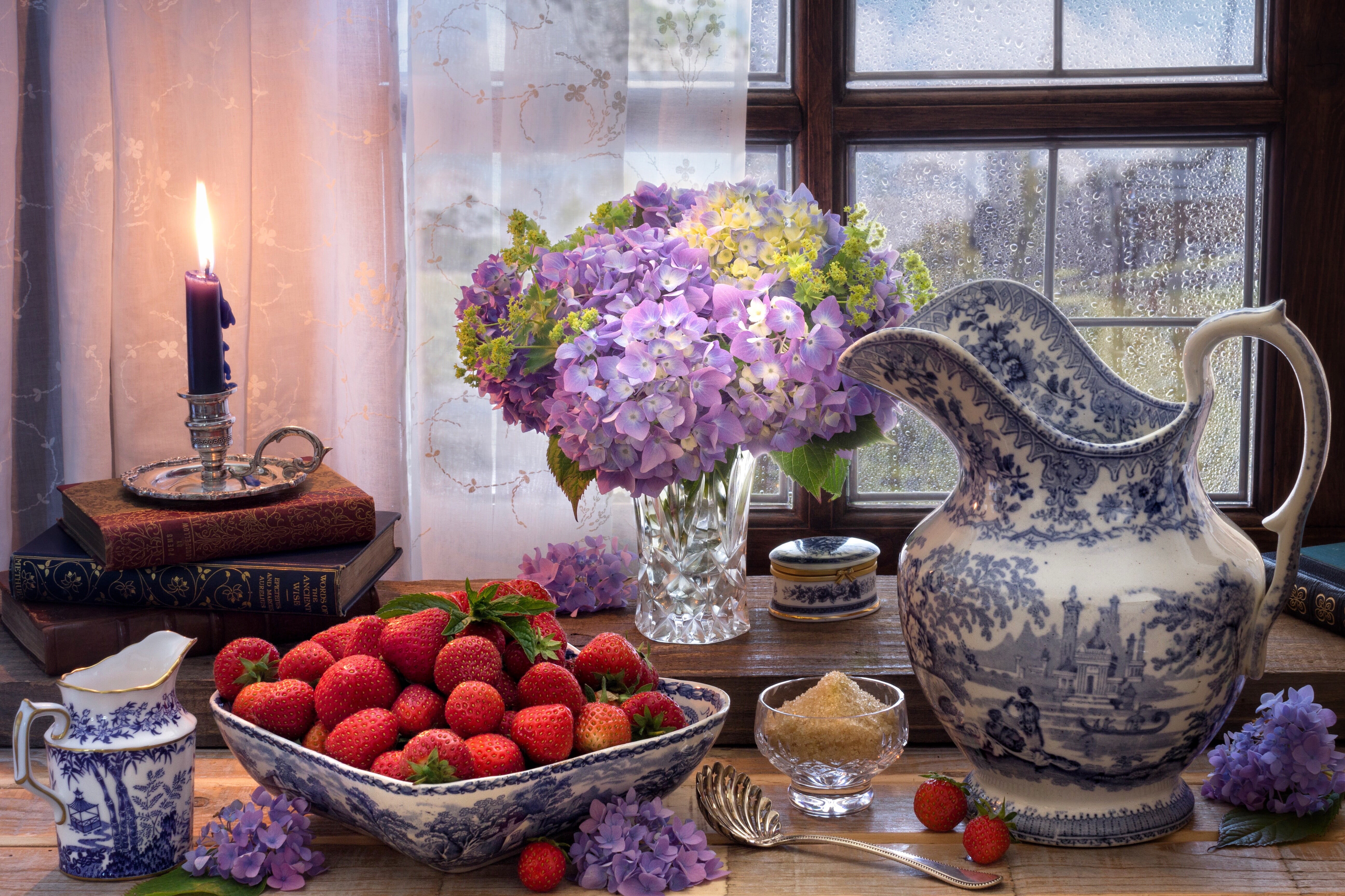 table, still life, 5K, bowl, nature, burning, fruit, indoors, strawberry, healthy eating, window, style, candle, flower, pitcher, vase, flame, no people, HD Wallpaper