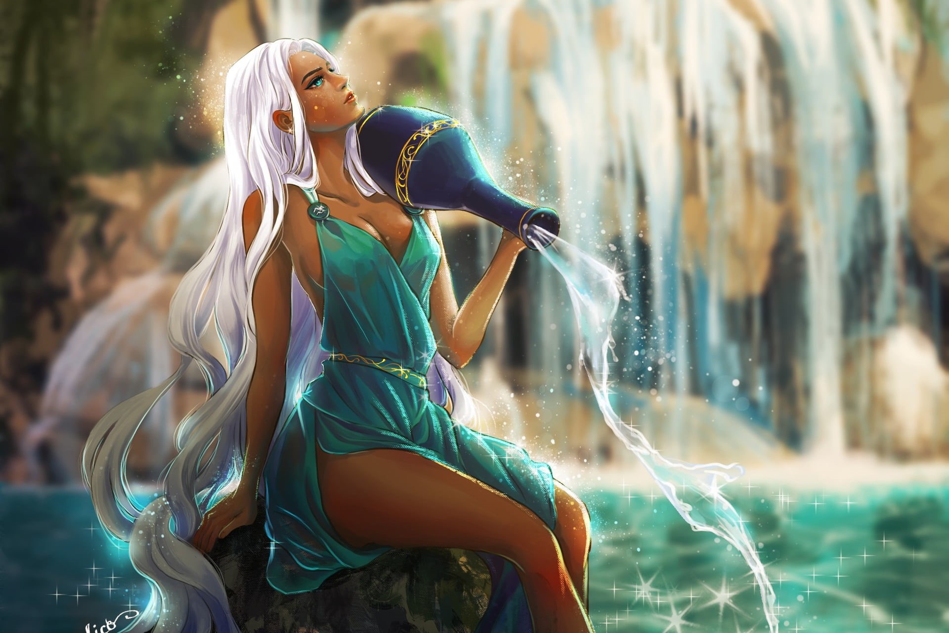 Beauty, Girl, Figure, Thục Trang Nguyễn, by Thục Trang Nguyễn, Pitcher, Dress, Beautiful, Aquarius, 1080P, Water, Art, Pretty Woman, Hair, HD Wallpaper