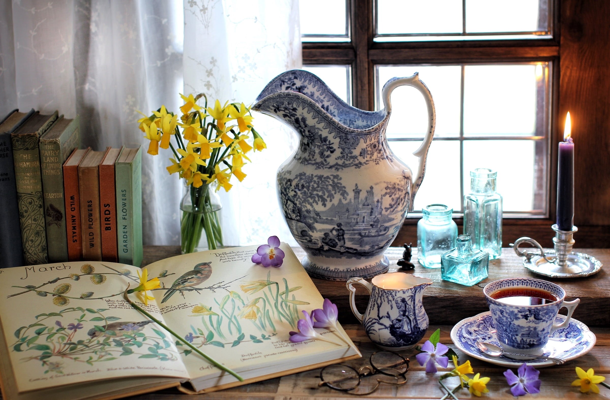 still life, art and craft, antique, flowers, day, Krokus, flower, flowering plant, floral pattern, saucer, book, publication, jar, lighting equipment, tea, HD Wallpaper