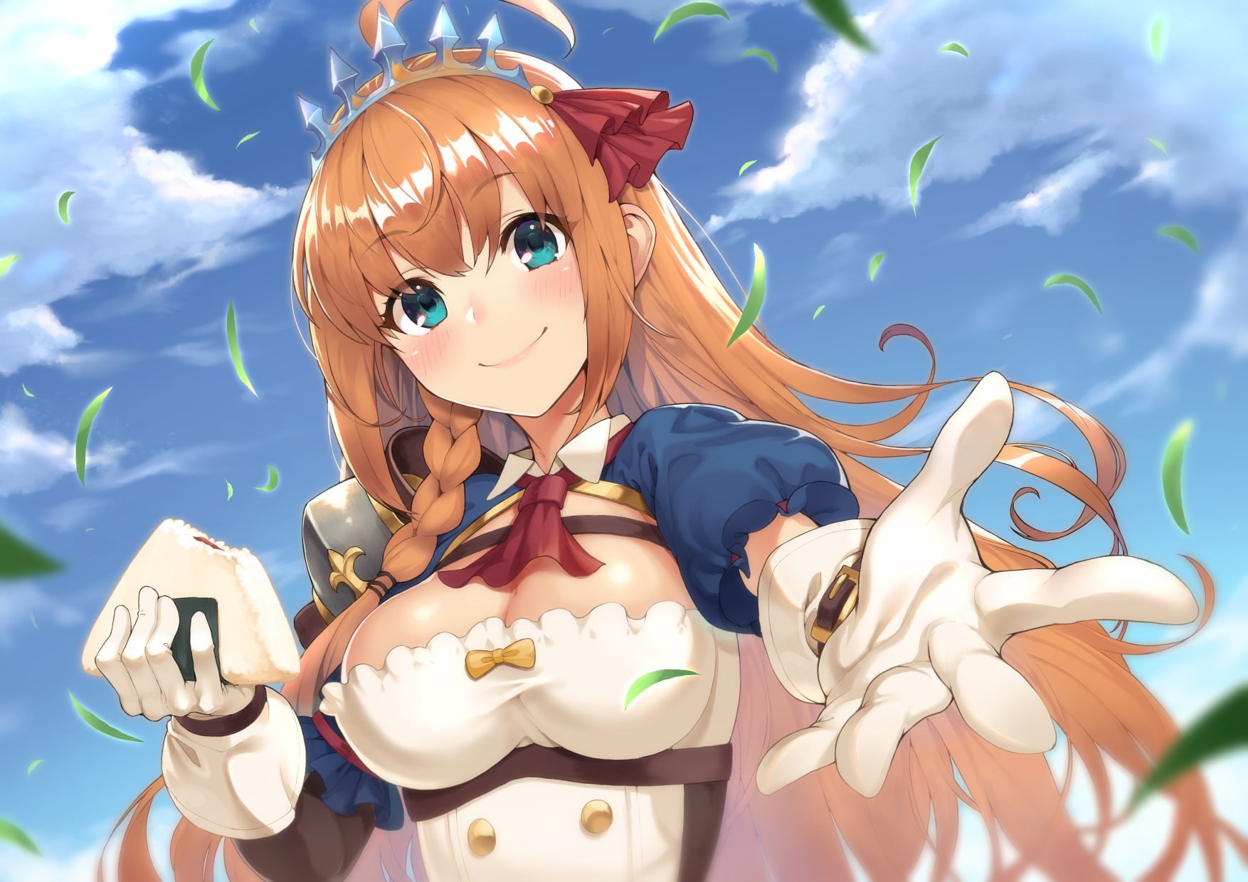 braids, aqua eyes, 720P, readhead, sky, blush, gloves, food, clouds, Princess Connect, cleavage, HD Wallpaper