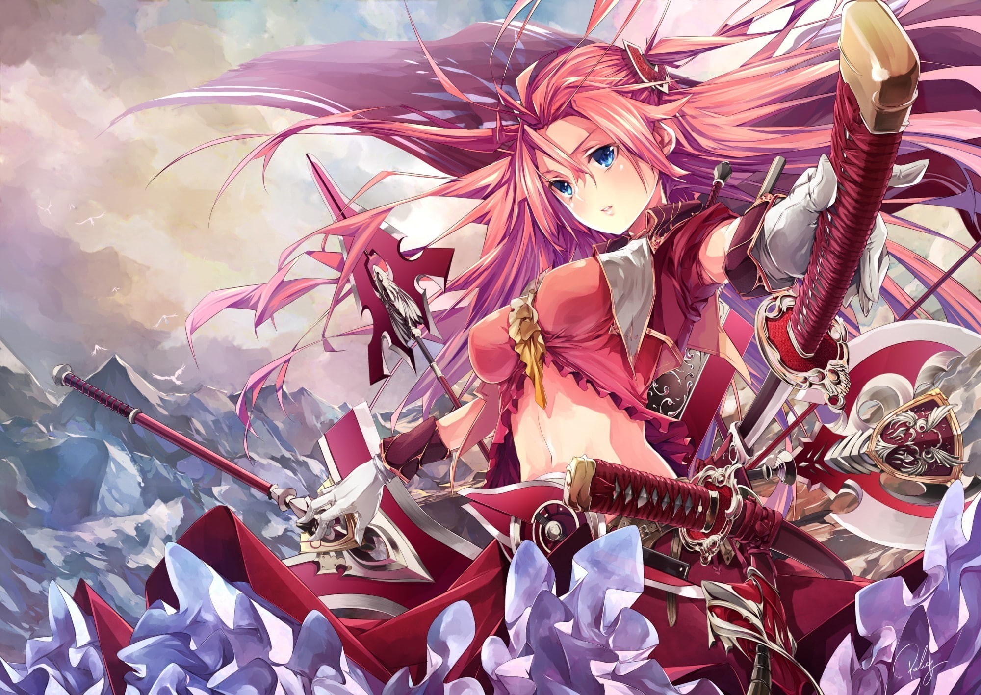 1080P, original characters, weapon, sword, anime, readhead, blue eyes, anime girls, HD Wallpaper