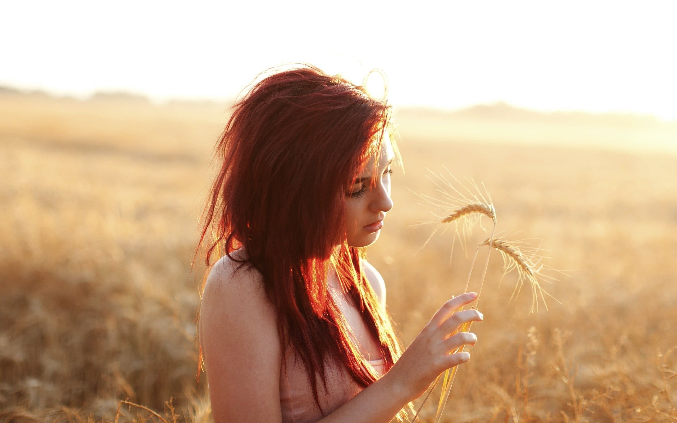 crop, redhead, wheat, hair, women, face, lifestyles, landscape, real people, hairstyle, young adult, 2K, contemplation, holding, beautiful woman, top, HD Wallpaper