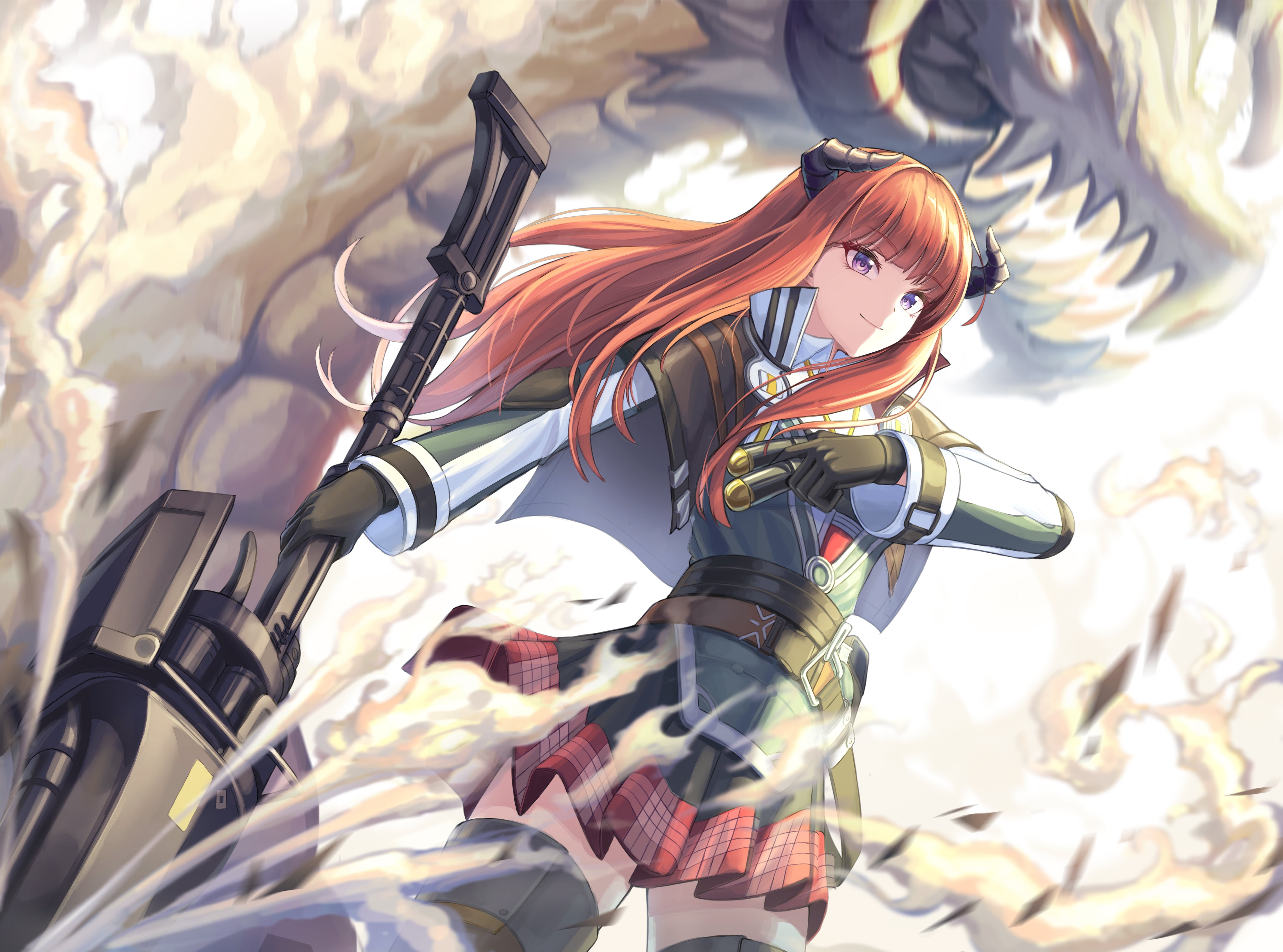 gloves, long hair, horns, thighs, weapon, readhead, 5K, purple eyes, Bagpipe(Arknights), HD Wallpaper