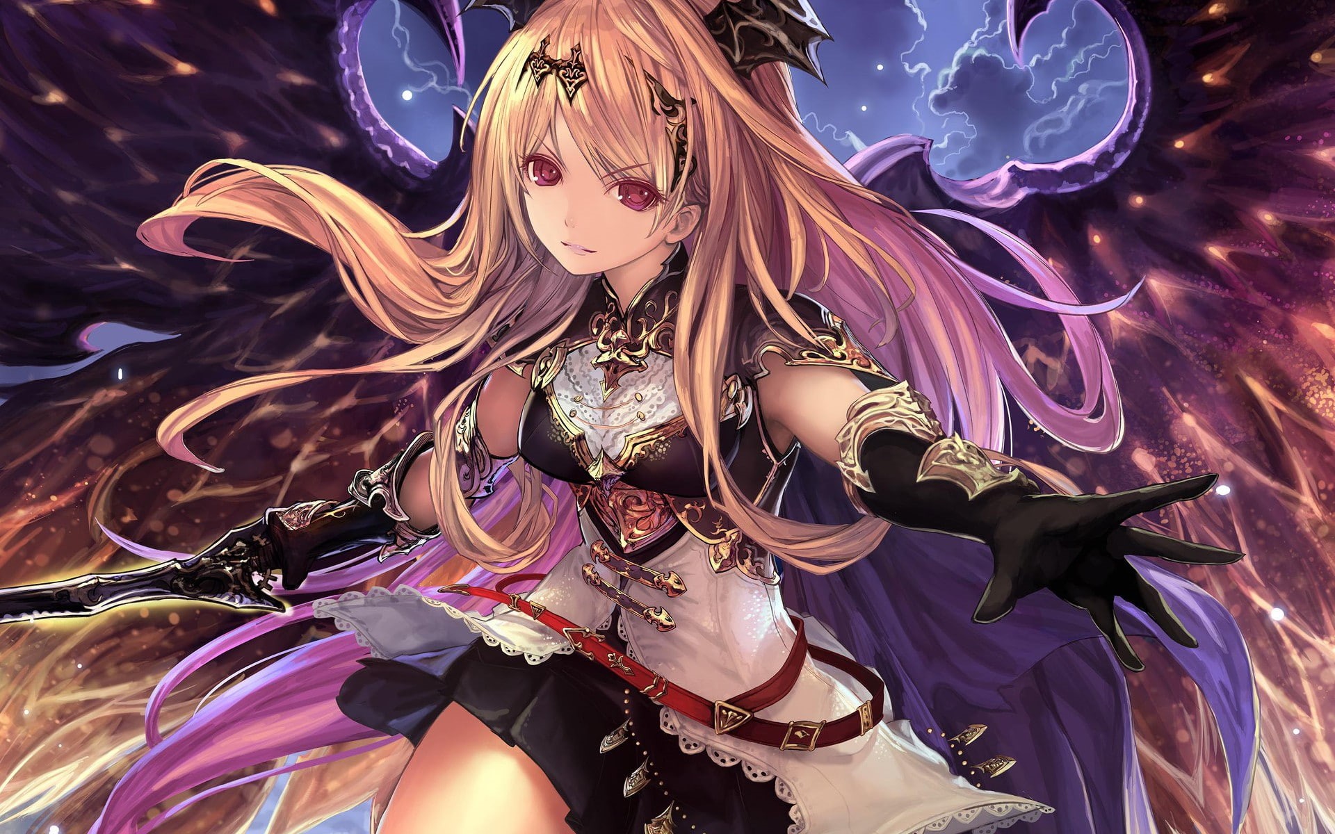 women with swords, horns, Dark Angel Olivia, Shingeki no Bahamut, anime girls, skirt, readhead, wings, 1080P, red eyes, long hair, sword, white clothing, HD Wallpaper
