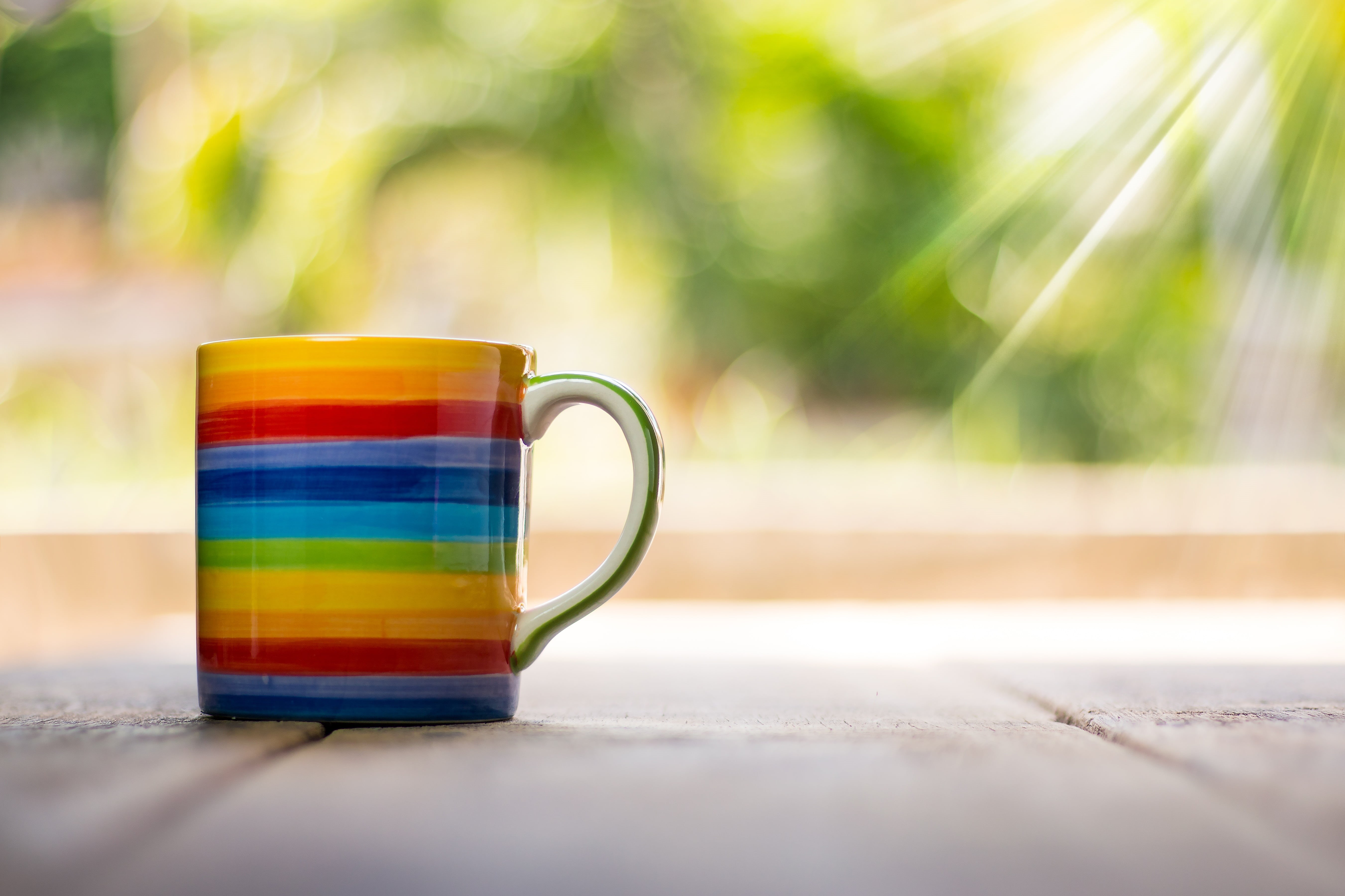 fresh, multi colored, coffee cup, water, light, food, refreshment, coffee - drink, one, cup, empty, outdoors, top, pitcher - jug, print, selective focus, HD Wallpaper
