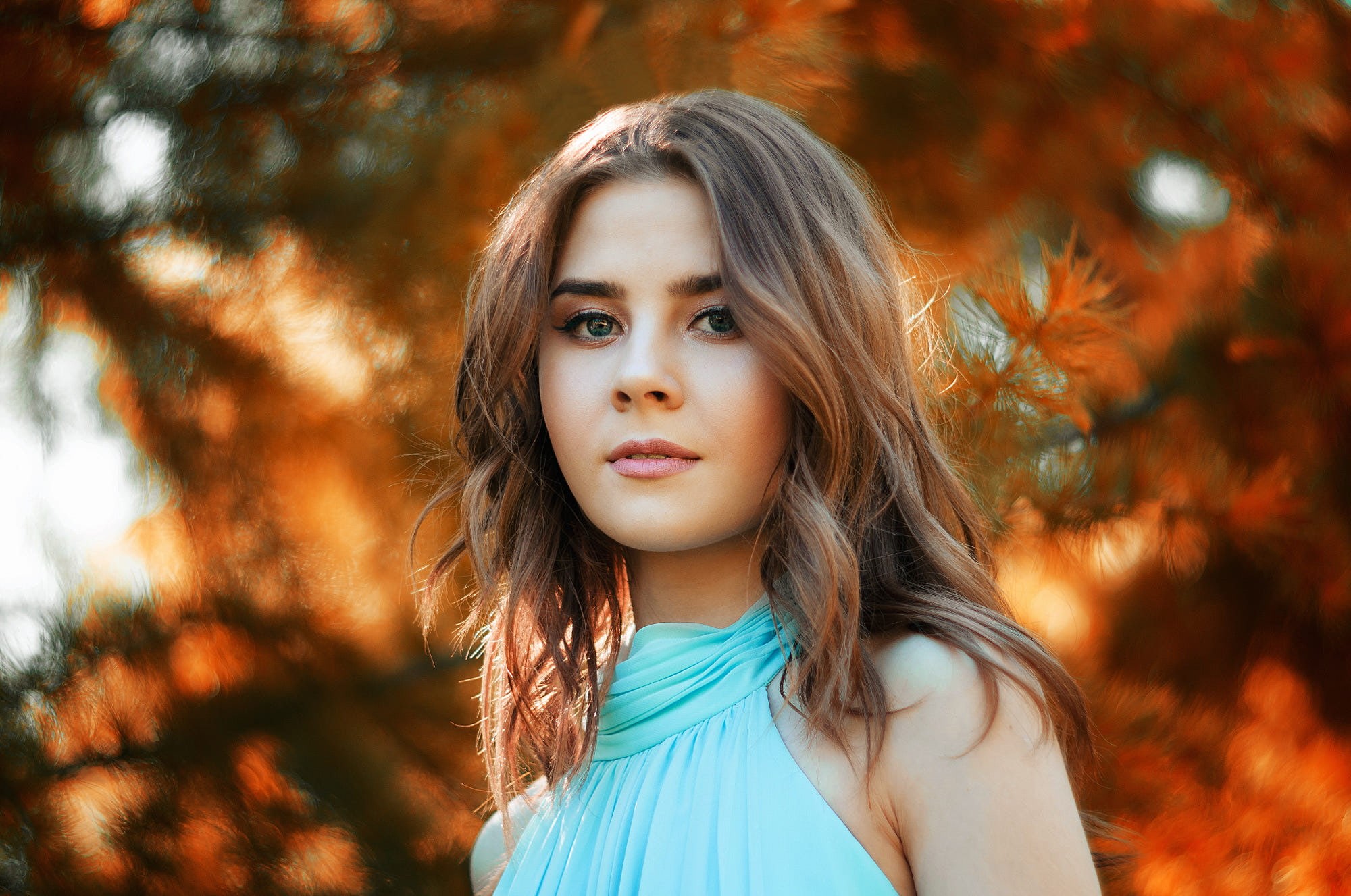 dyed hair, fall, looking at viewer, blue dress, women outdoors, long hair, red leaves, Vladislav Opletaev, blue eyes, brunette, women, 1080P, portrait, HD Wallpaper