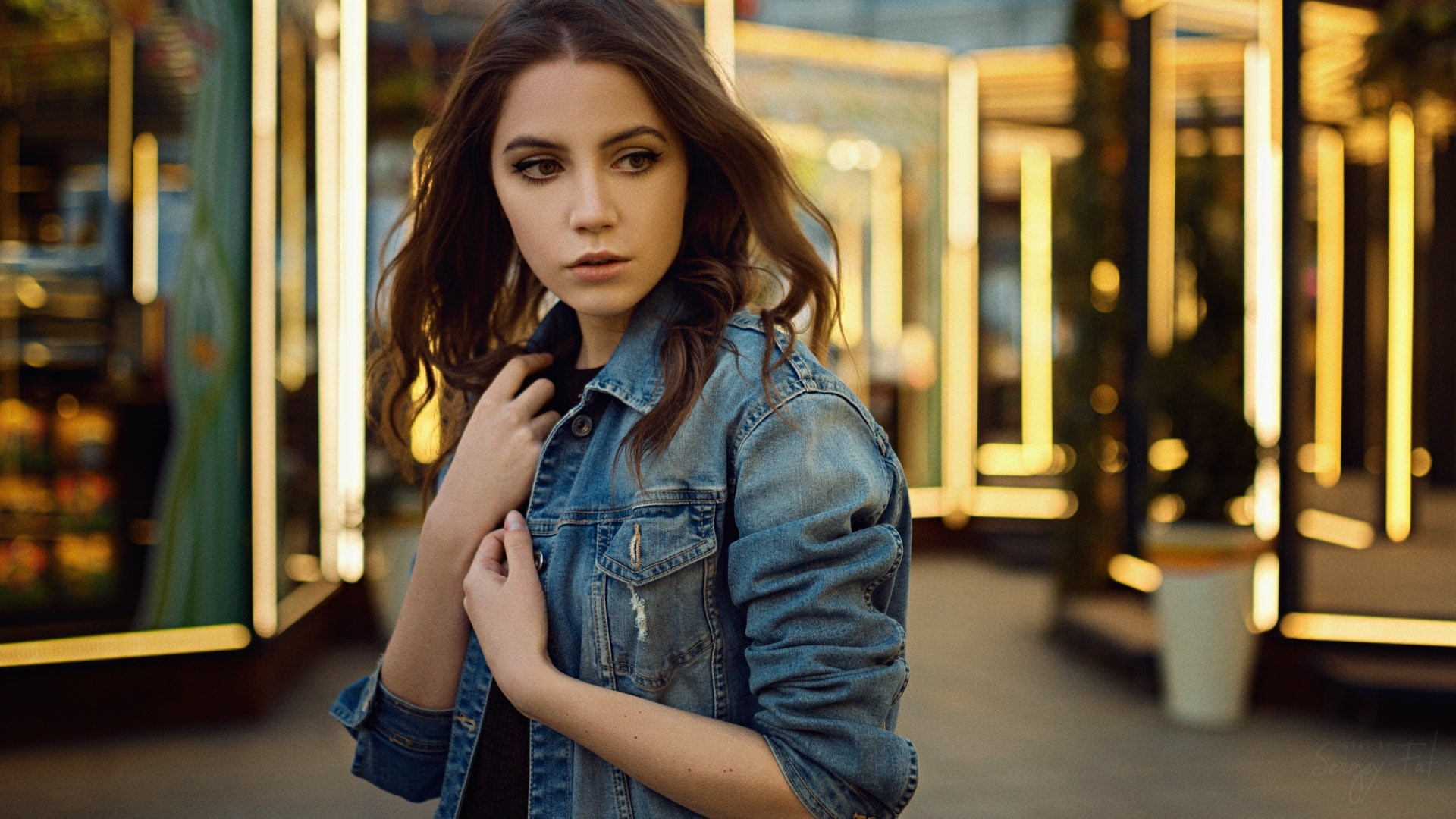jeans jacket, denim, young adult, one person, waiting, looking away, casual clothing, hairstyle, Ksenia Kokoreva, women, brunette, looking at camera, transportation, HD Wallpaper