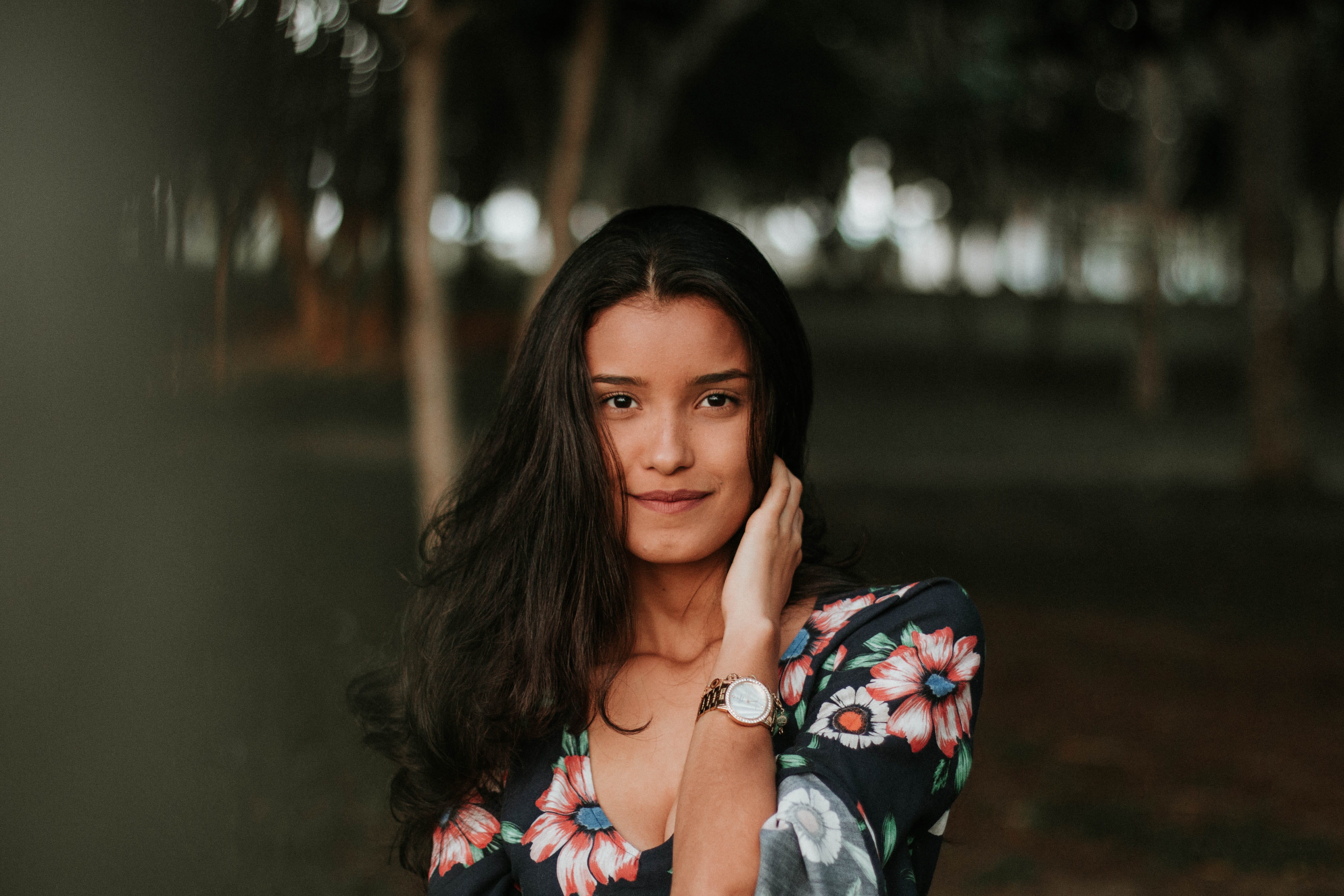 eyes, focus on foreground, holding, flower, close-up, photoshoot, hair, women, beauty, wear, beautiful, looking, skin, long hair, attractive, pose, blurred background, HD Wallpaper