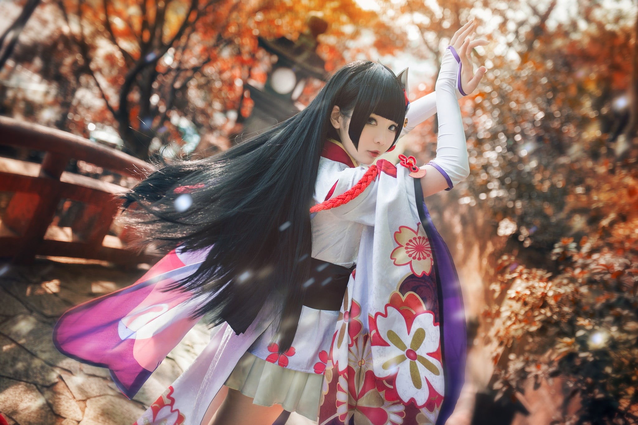 girl, kimono, bangs, young, makeup, background, beauty, look, cutie, outfit, pose, long-haired, costume, cosplay, glare, light, Asian, foliage, face, hands, HD Wallpaper