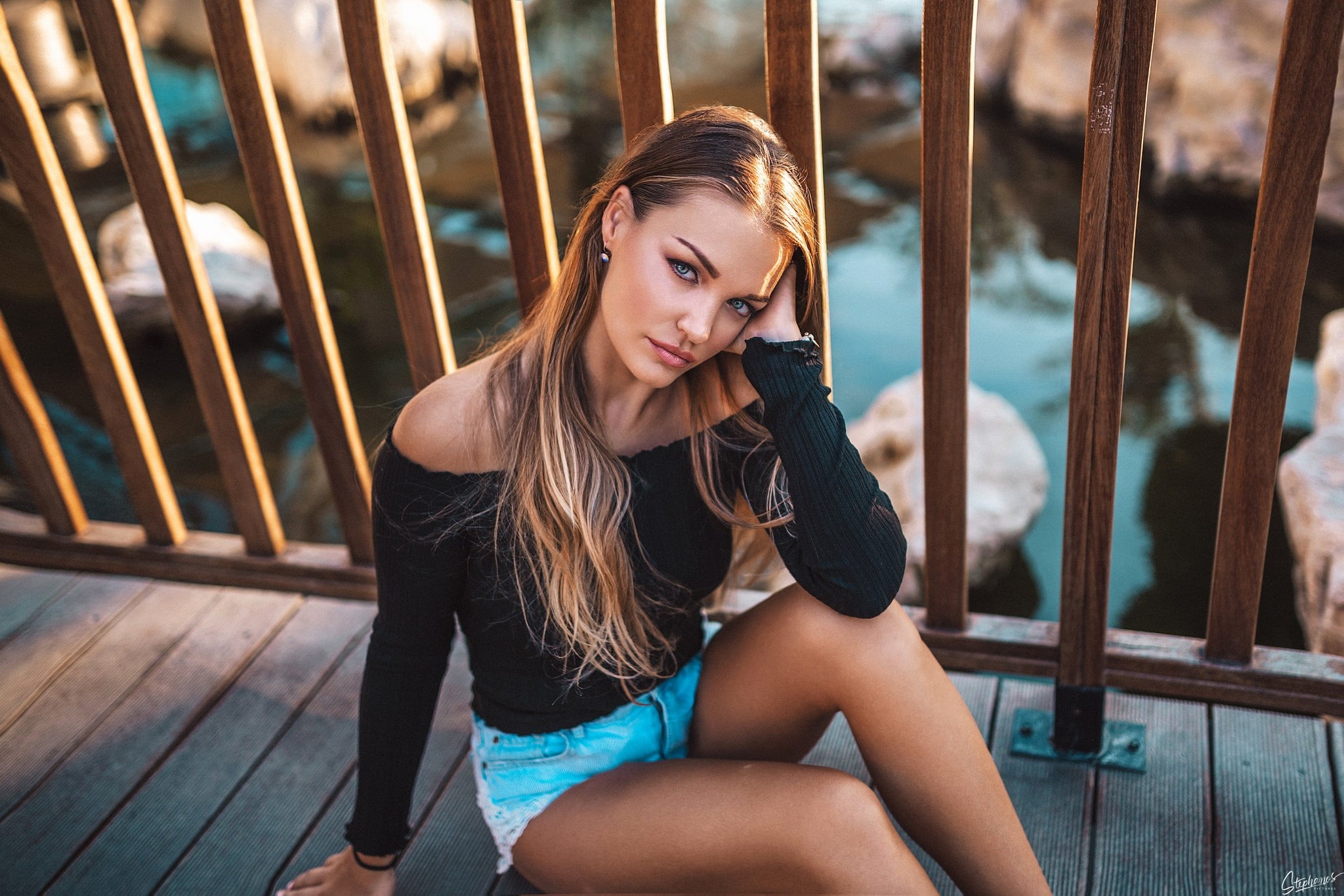 bridge, hairstyle, model, water, stones, shorts, pose, Mike, portrait, Marta, beauty, legs, look, Stephanos Pictures, Marta Grundmane, bokeh, makeup, 1080P, HD Wallpaper