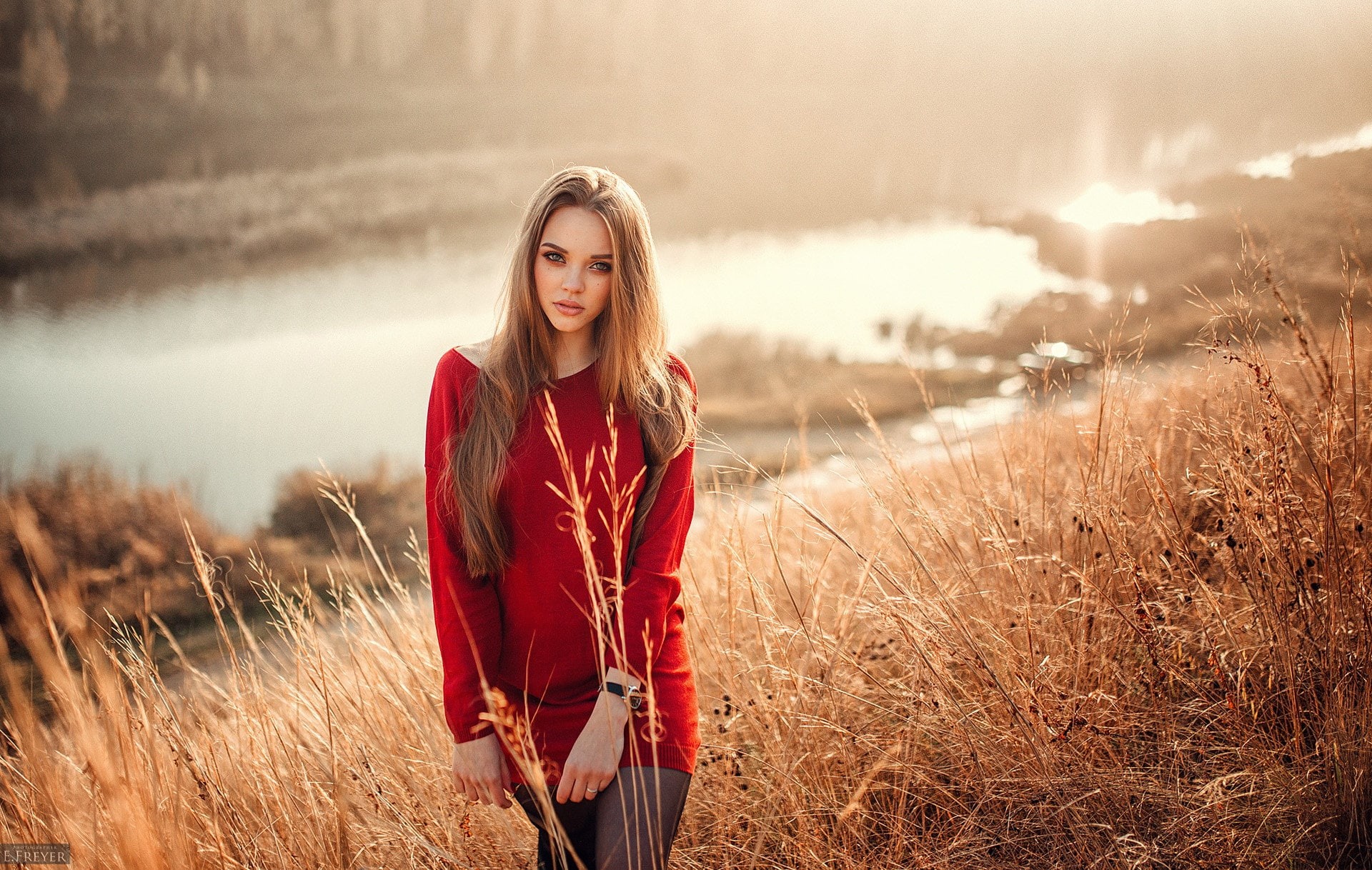landscape, in red, river, nature, long, dress, sleeved, grass, Katya, bokeh, Evgeny Freyer, the sun, makeup, portrait, brown hair, hairstyle, look, beauty, HD Wallpaper