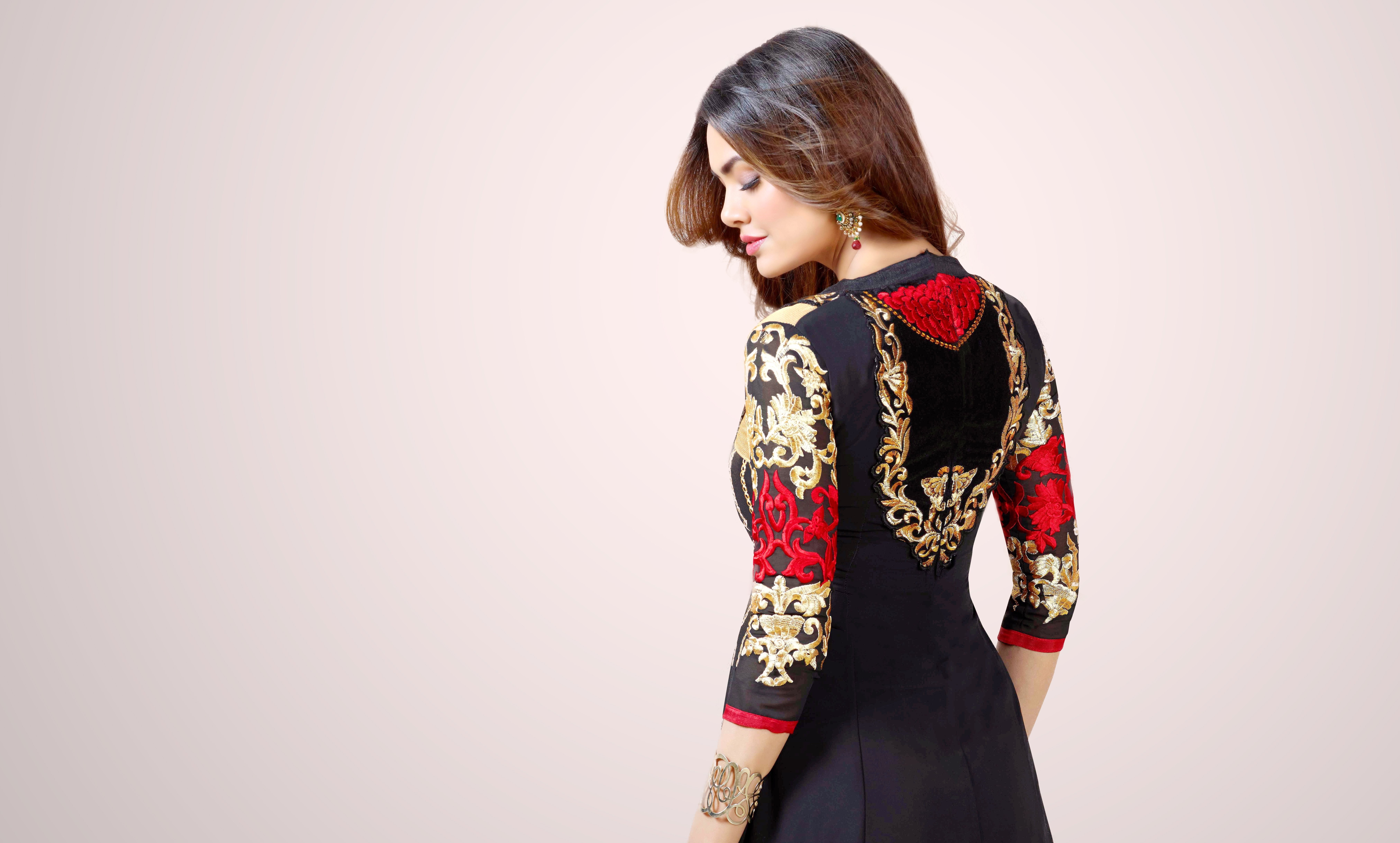 beauty, face, s, women, lips, hair, eyes, figure, smile, sleeved, sexy, beautiful, floral, hot, dress, pretty, actress, model, black, cute, gupta, gray, HD Wallpaper