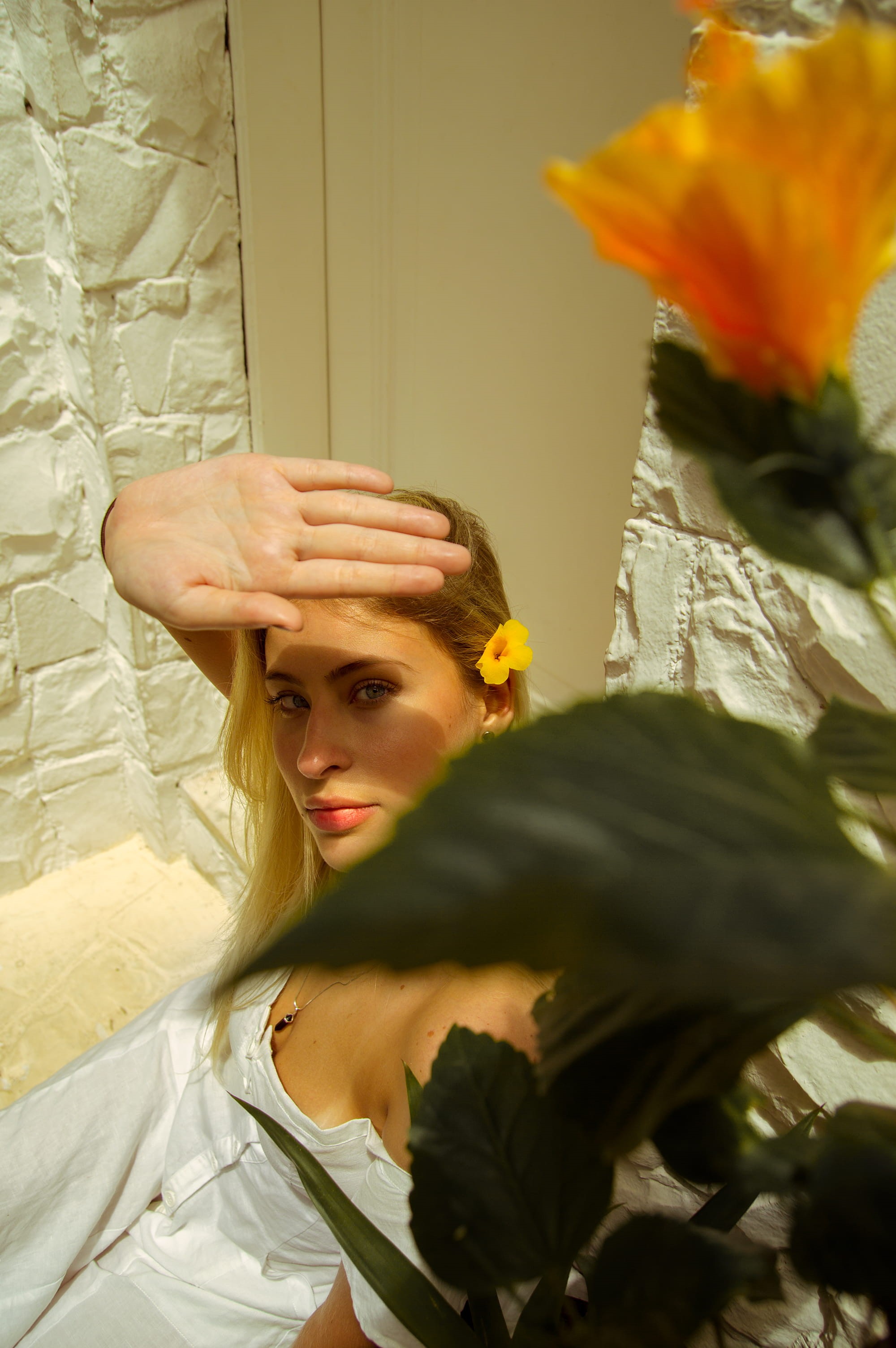 orange, wear, one person, woman, contemplation, hair, females, leisure activity, hairstyle, looking at camera, casual, blond hair, indoors, lady, flowering plant, Phone HD Wallpaper